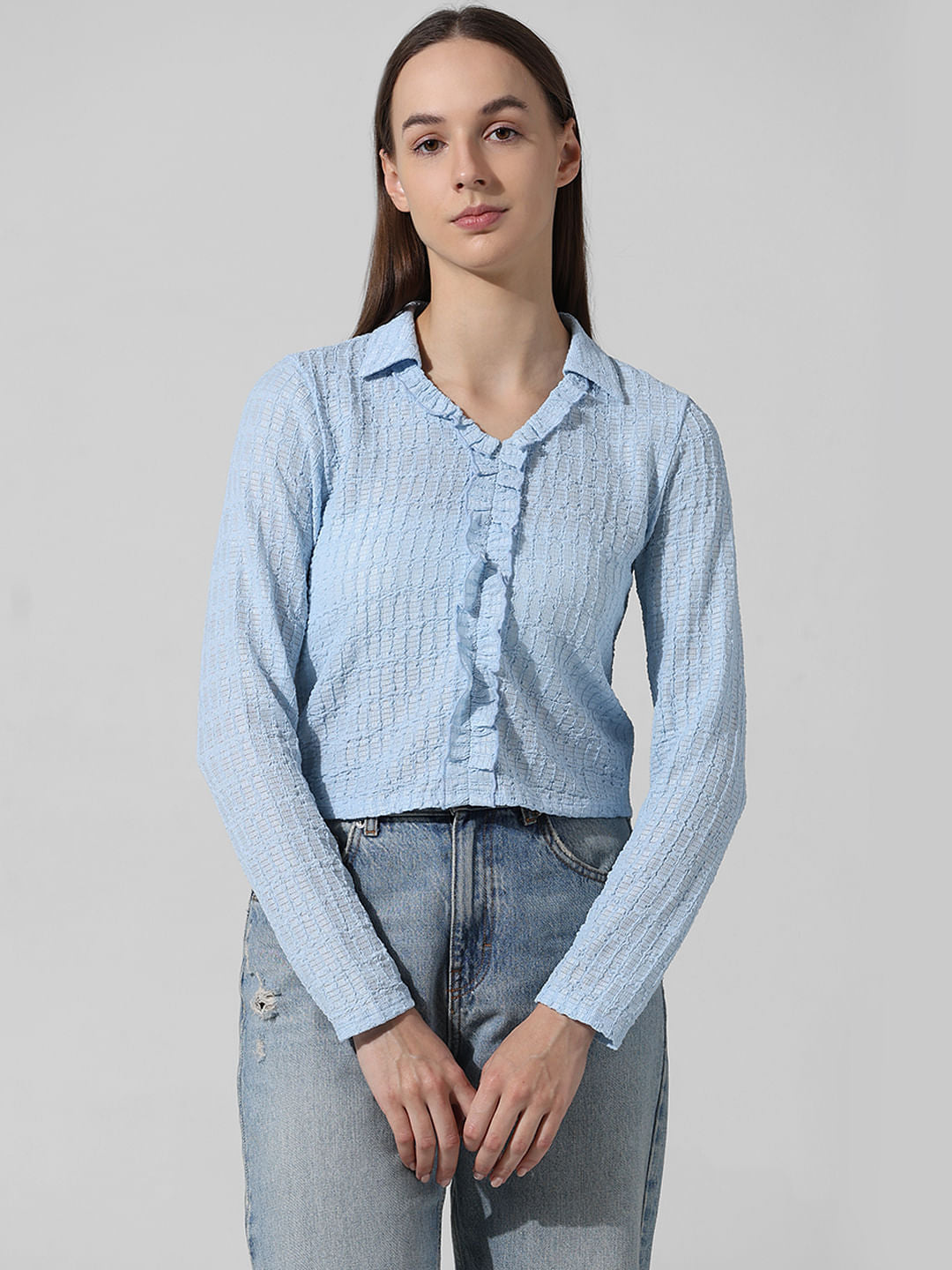 Blue Crinkled Frill Front Shirt