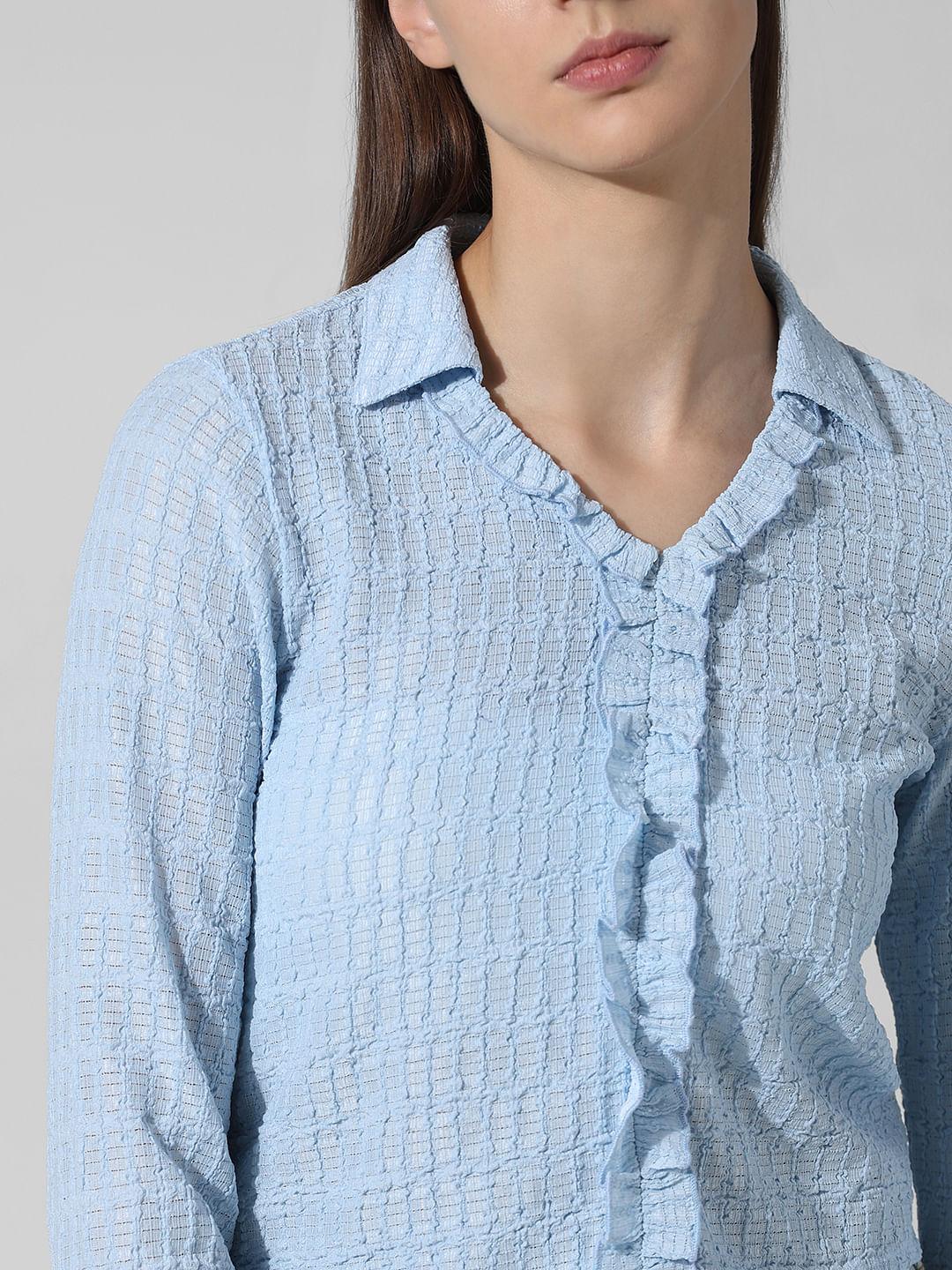 Blue Crinkled Frill Front Shirt