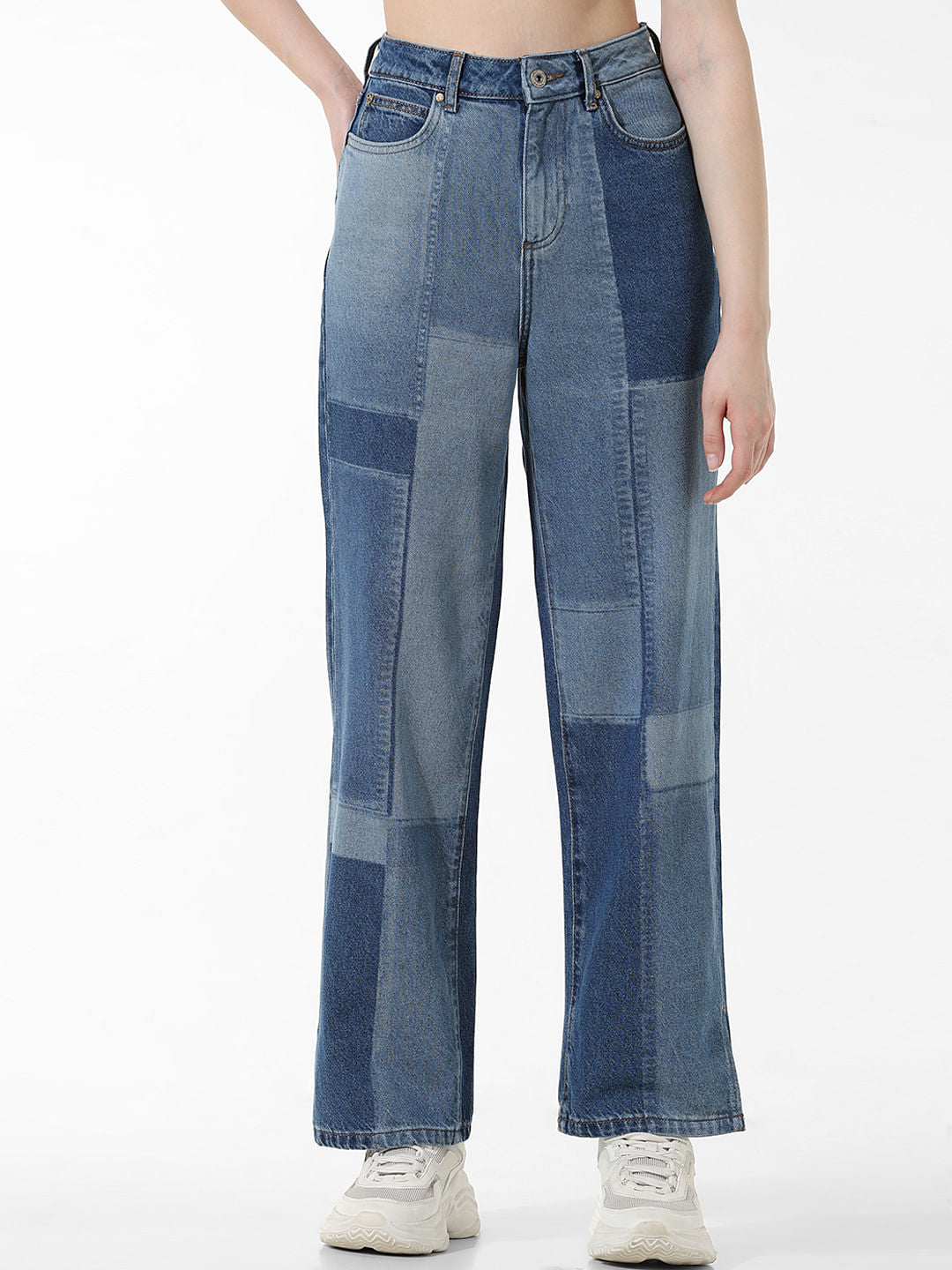 Light Blue High Rise Patchwork Straight Fit Jeans