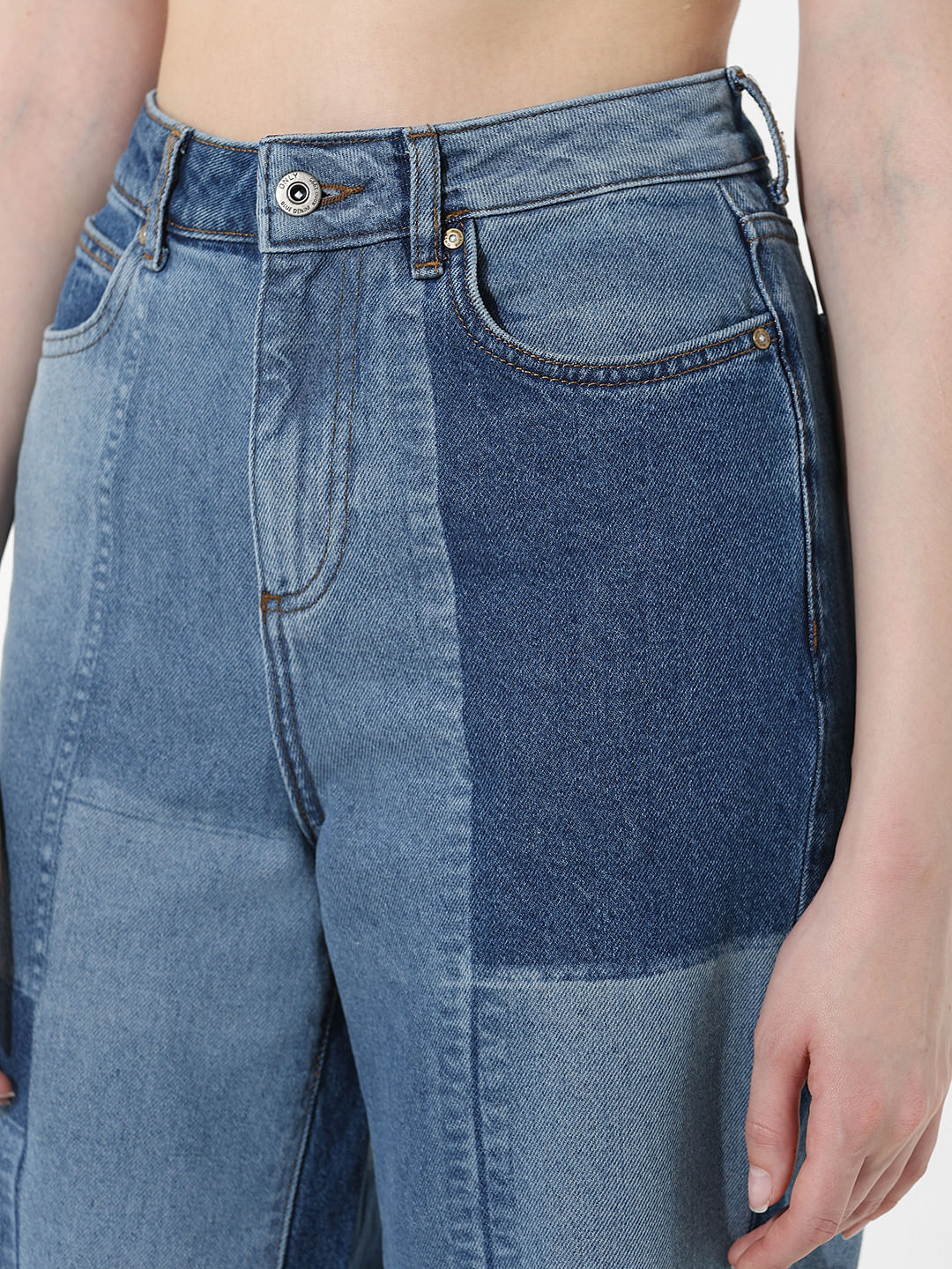 Light Blue High Rise Patchwork Straight Fit Jeans