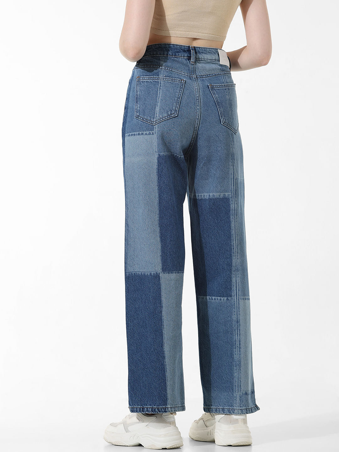Light Blue High Rise Patchwork Straight Fit Jeans