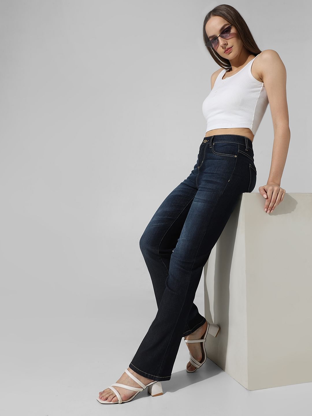 Dark Blue Mid Rise Tulga Flared Jeans