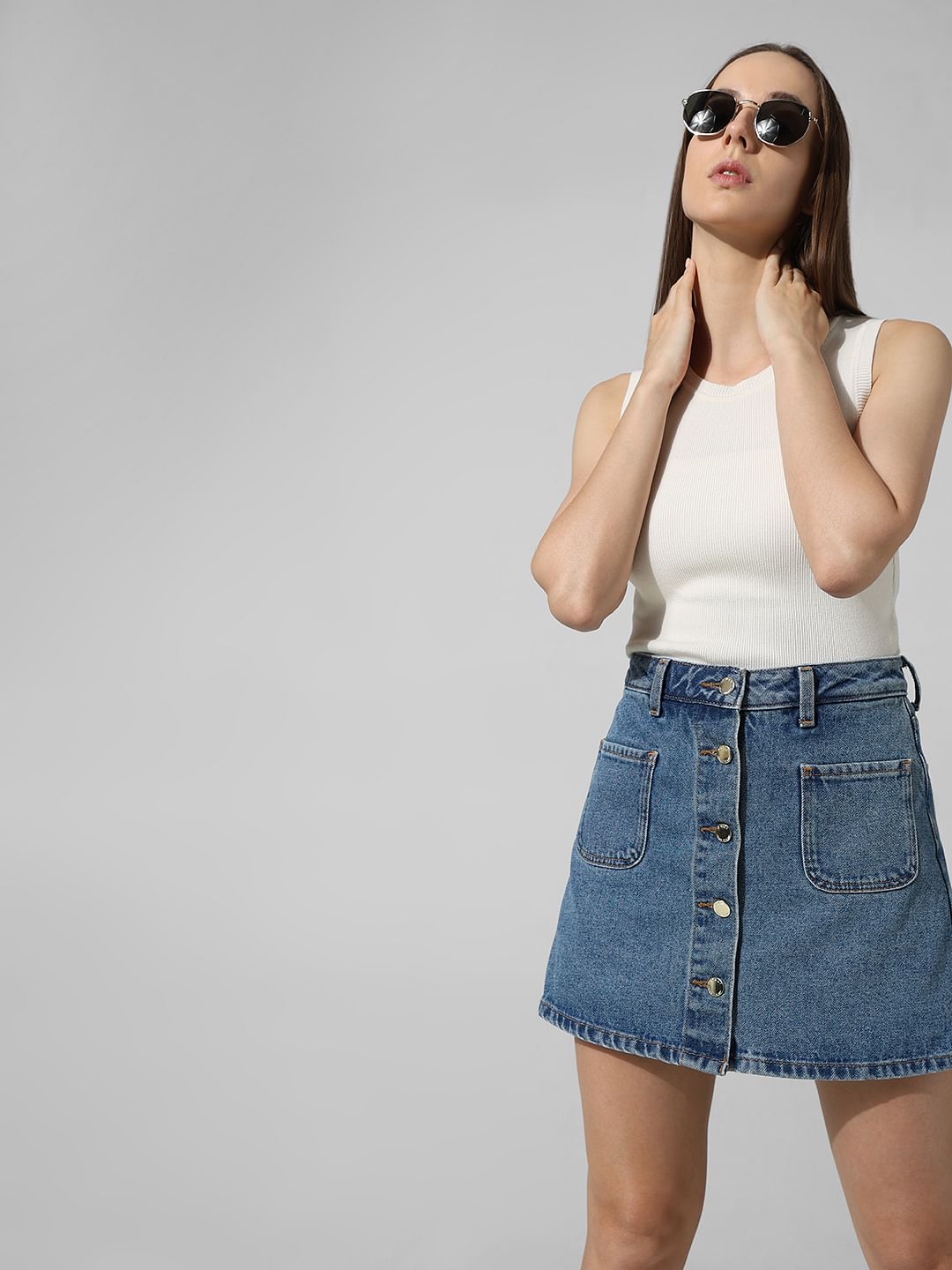 Blue High Rise Denim Skorts
