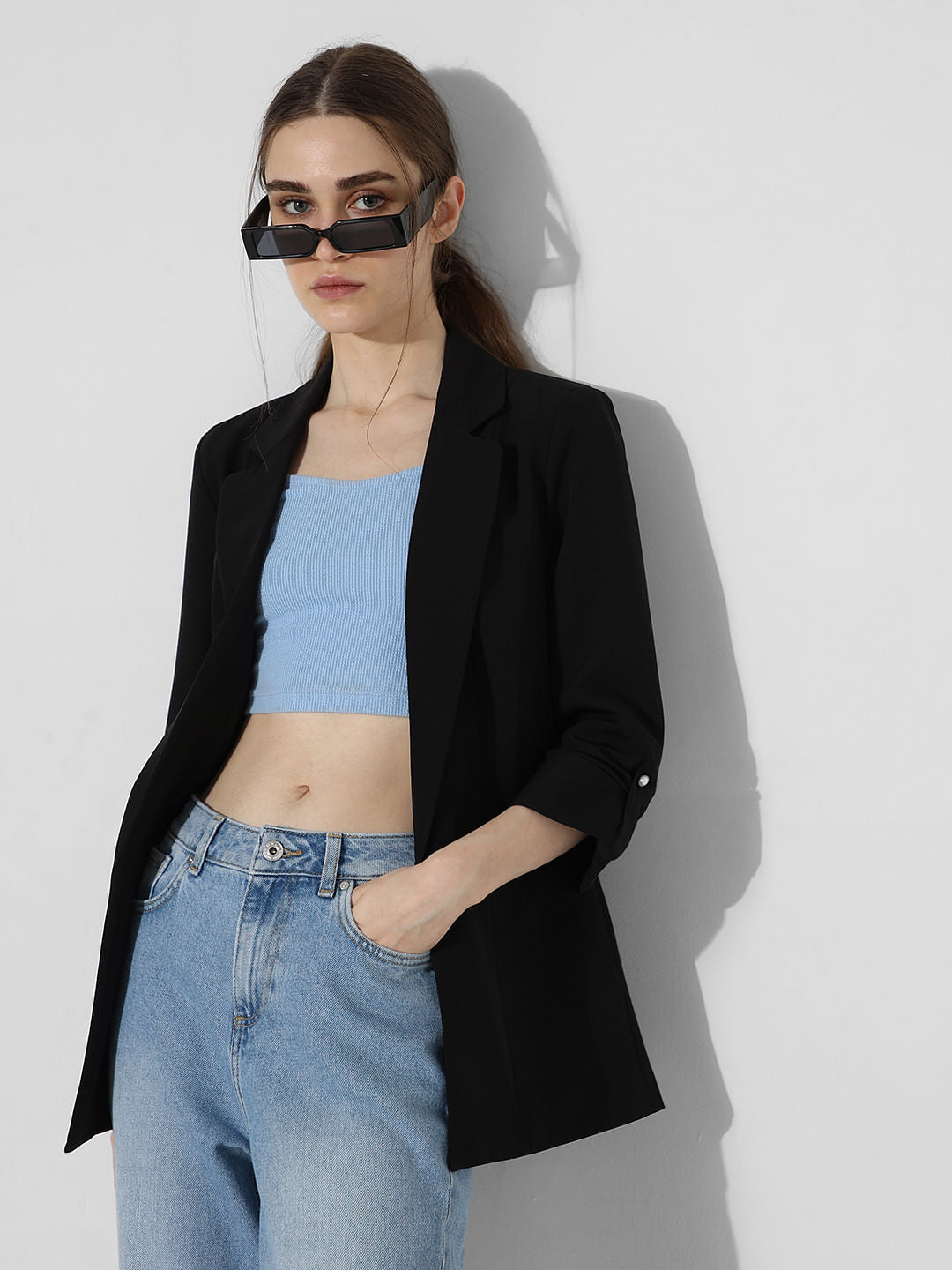 Black Roll-Up Sleeves Tailored Blazer