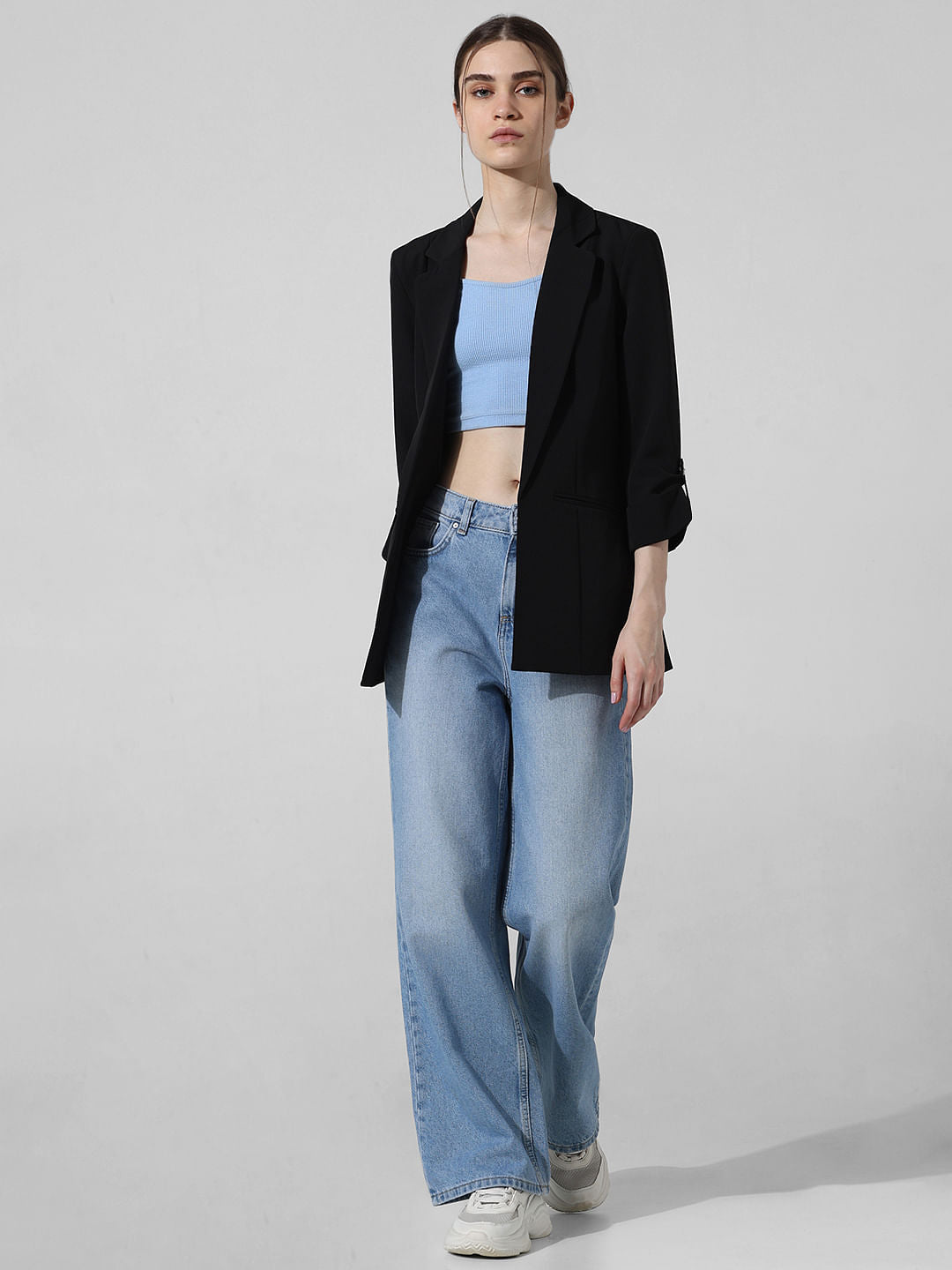 Black Roll-Up Sleeves Tailored Blazer