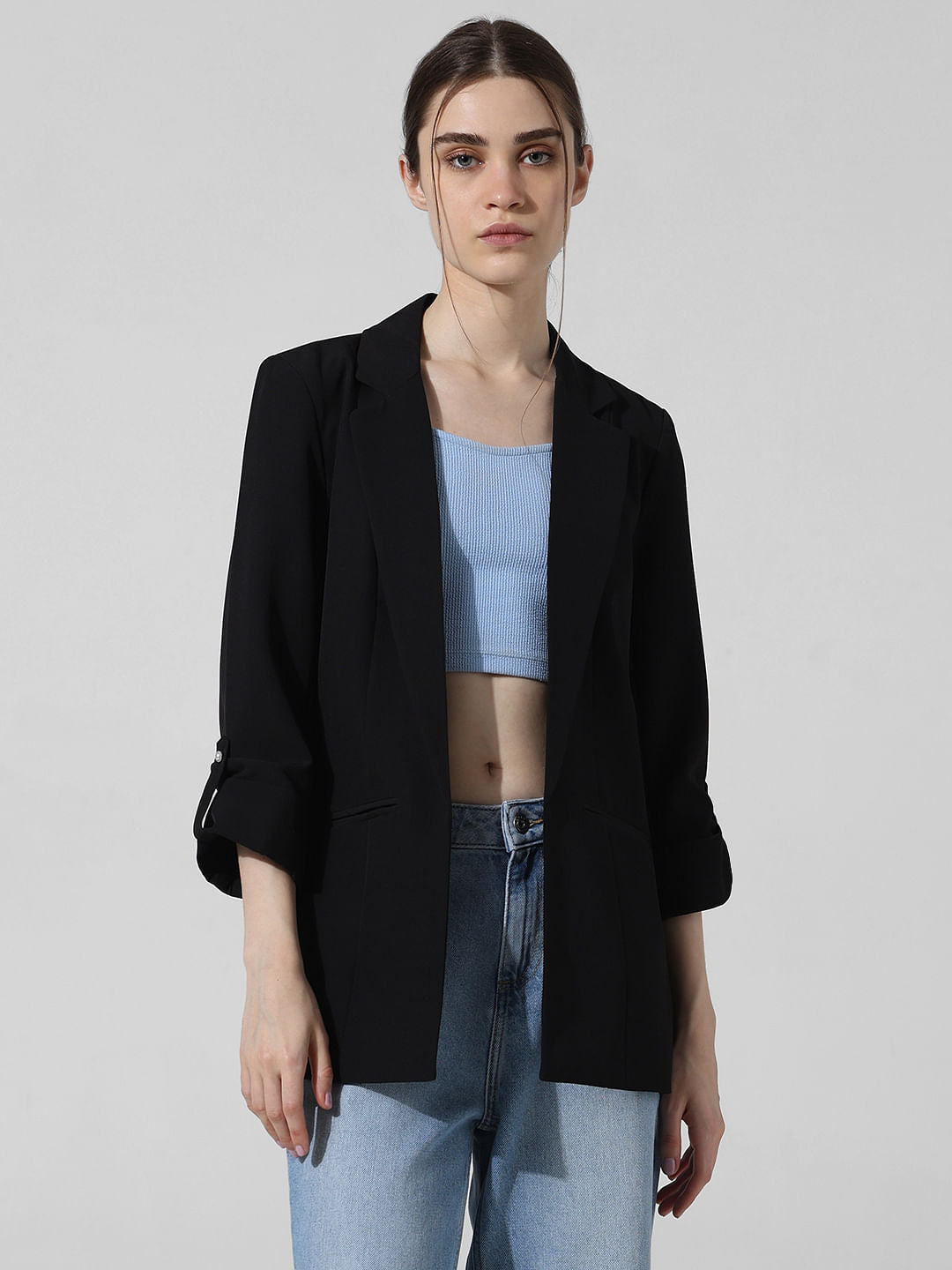 Black Roll-Up Sleeves Tailored Blazer