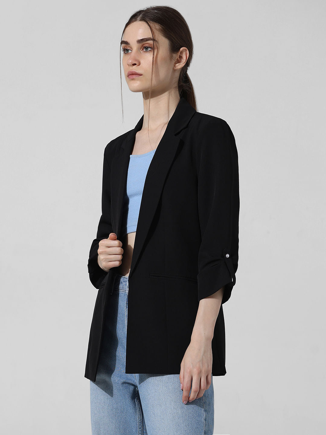 Black Roll-Up Sleeves Tailored Blazer