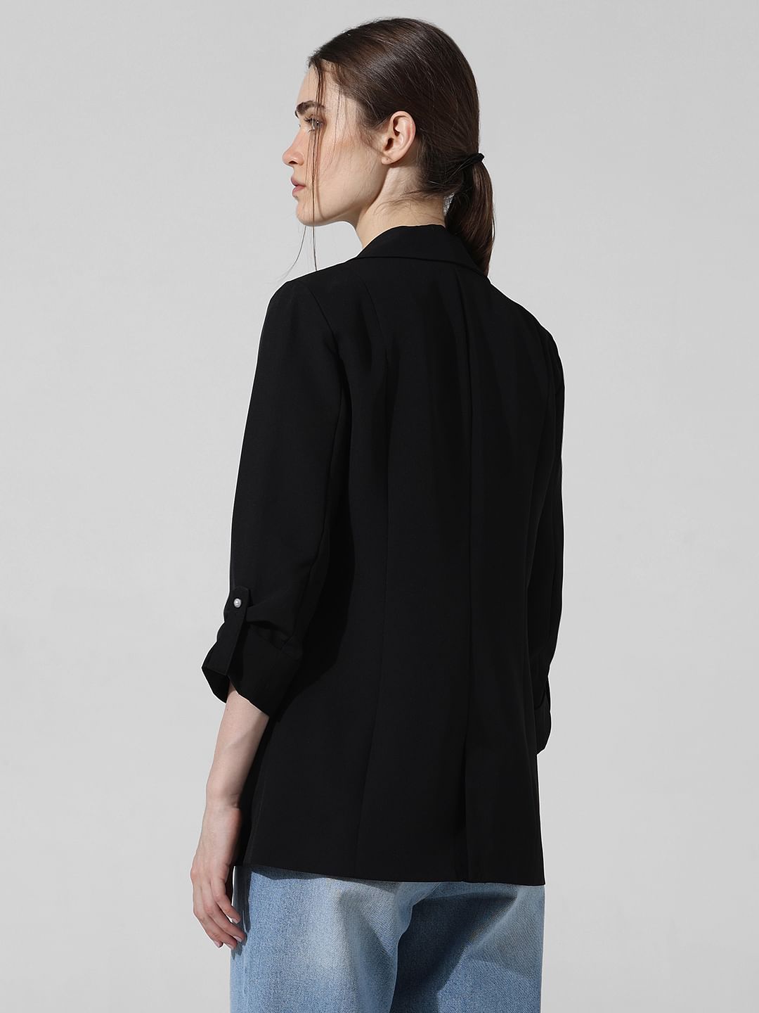 Black Roll-Up Sleeves Tailored Blazer