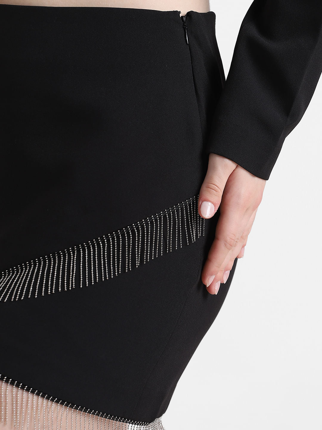 Black Mid Rise Embellished Wrap Skirt