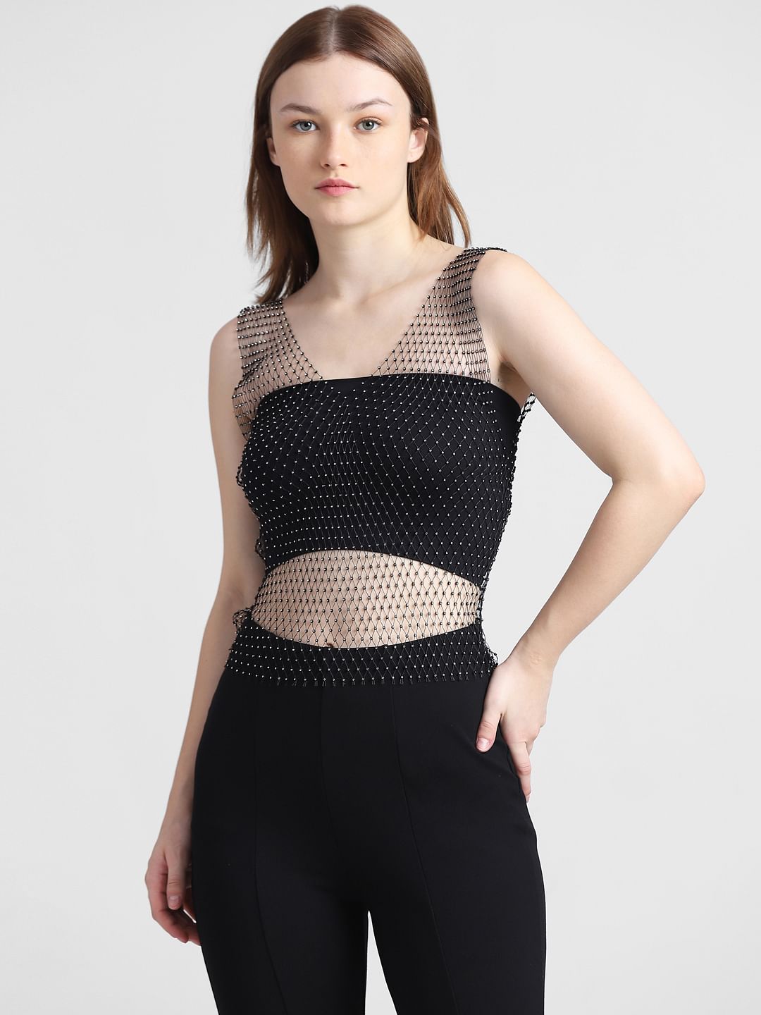 Black Embellished Net Top