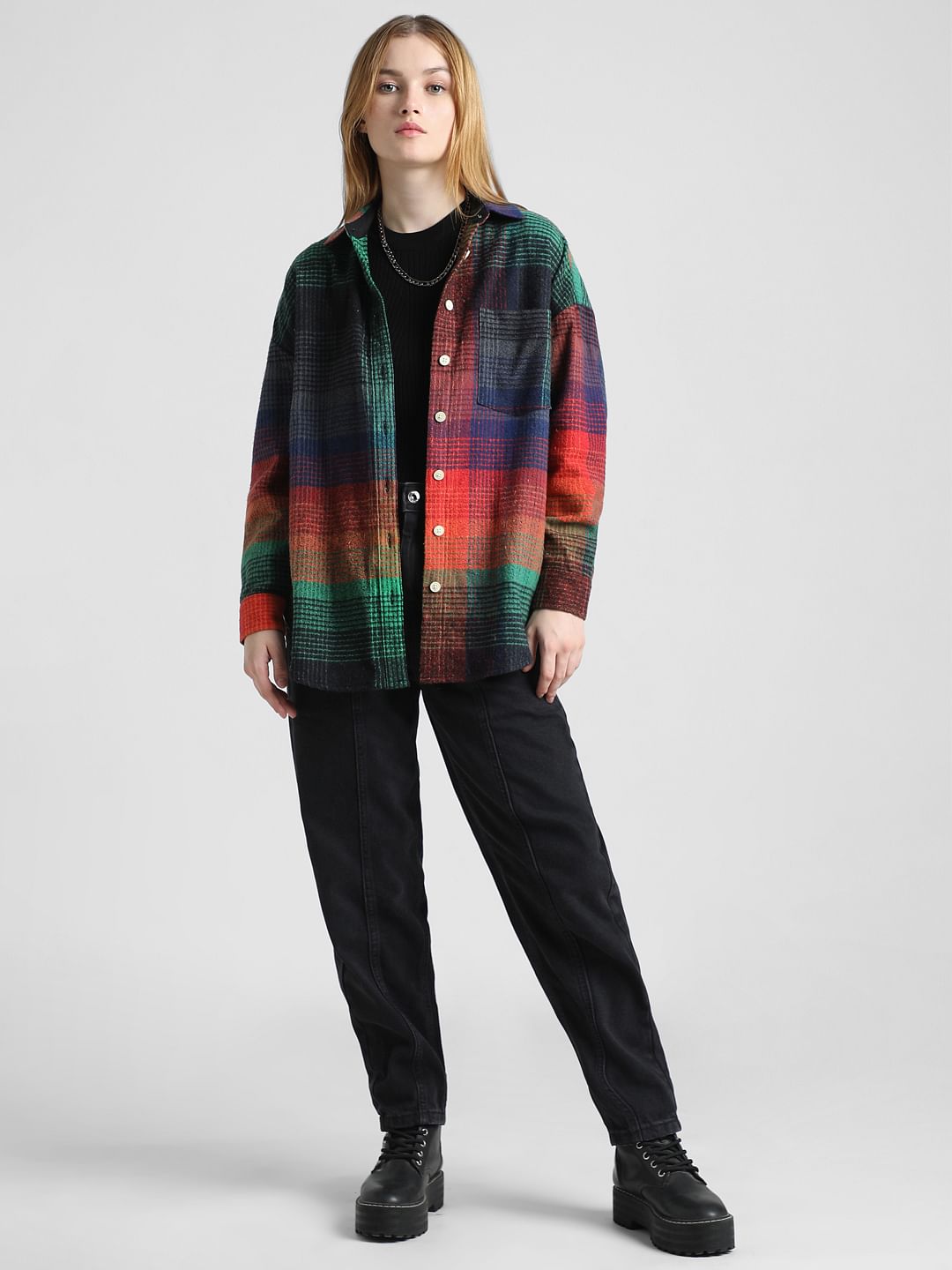 Multi-Colour Check Oversized Overshirt