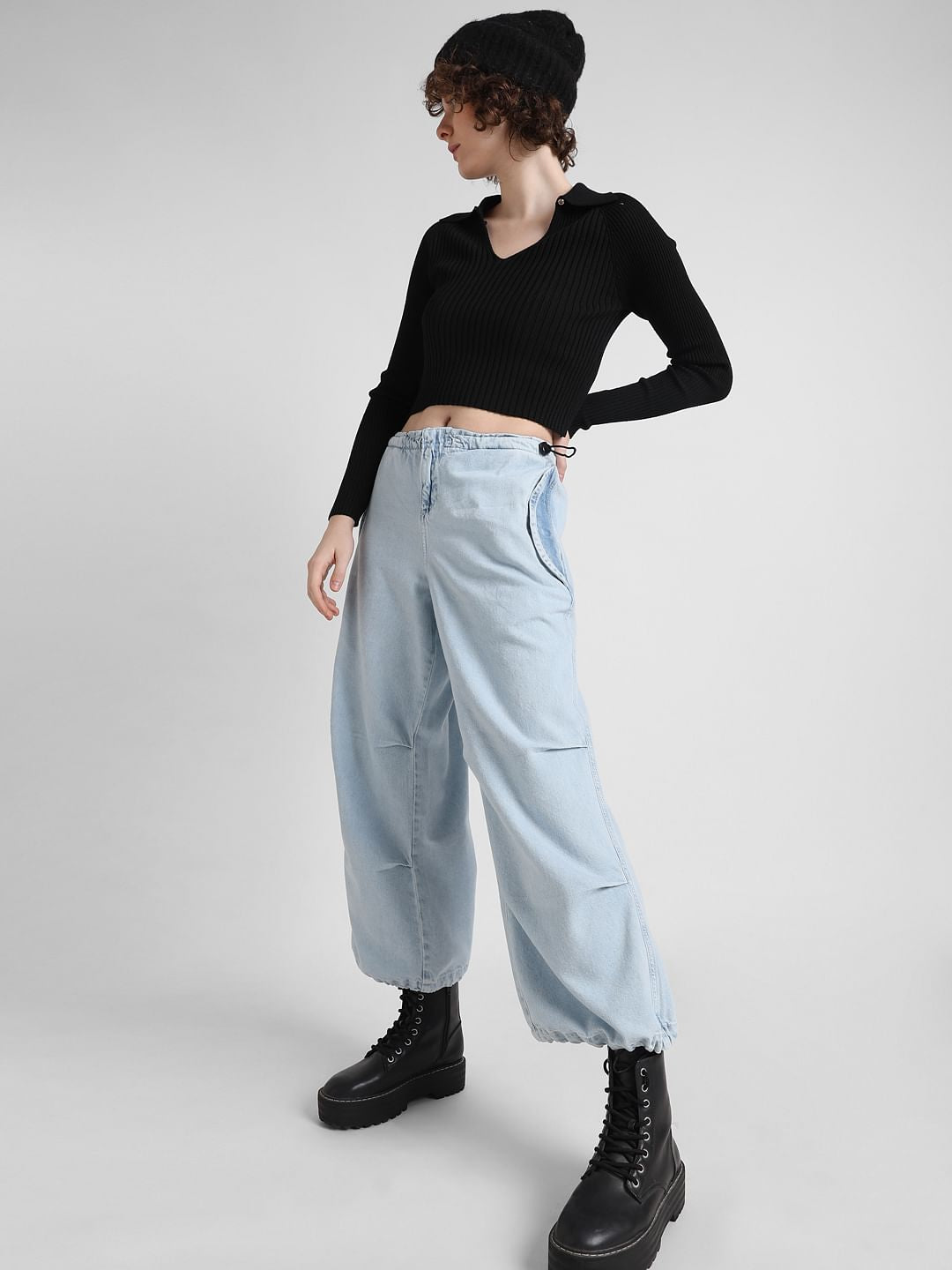 Light Blue High Rise Parachute Denim Joggers