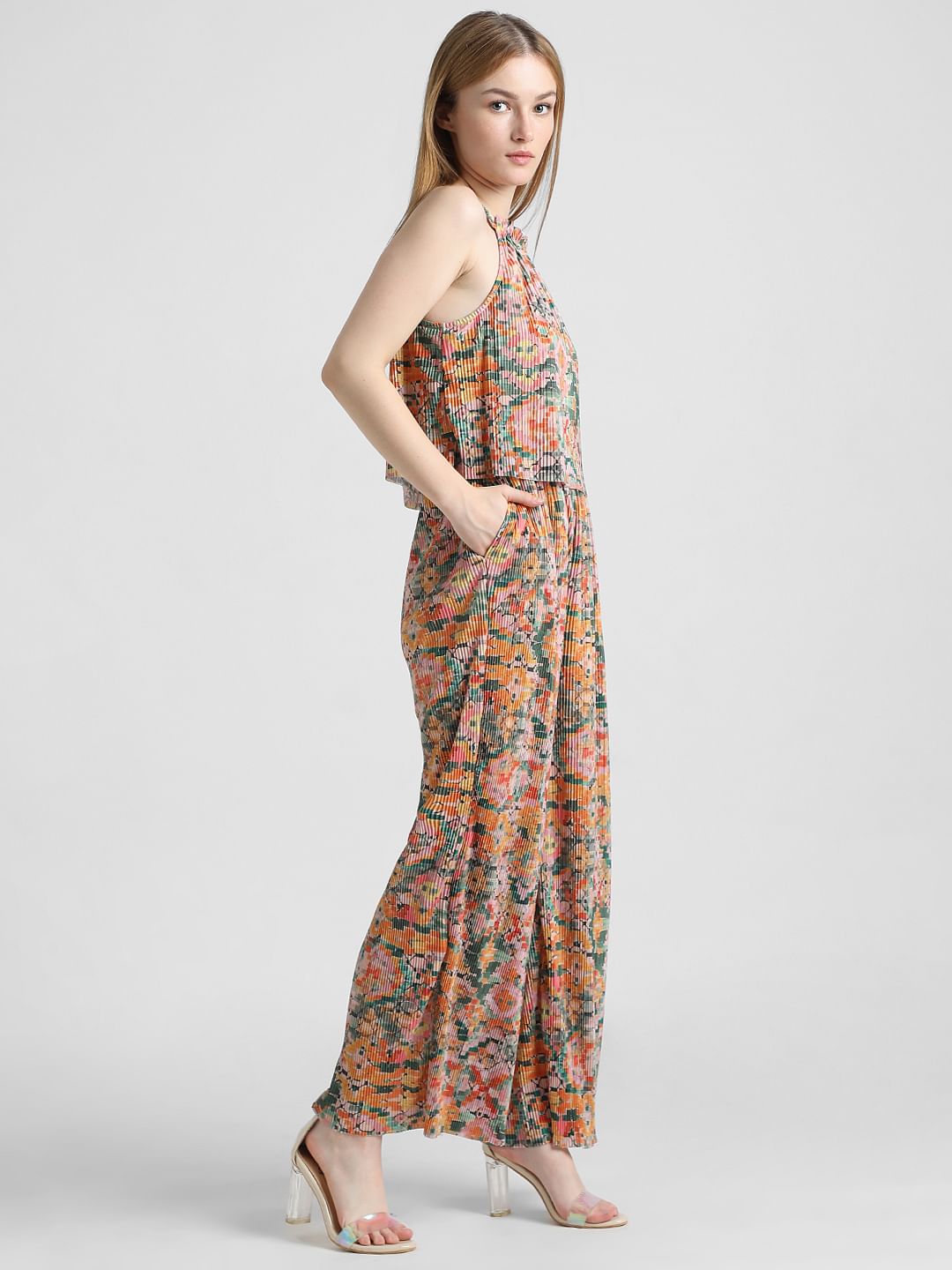 Orange Floral Pleated Jumpsuit