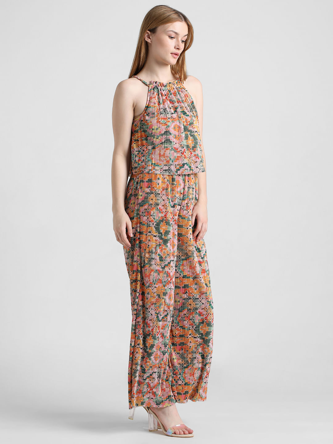 Orange Floral Pleated Jumpsuit