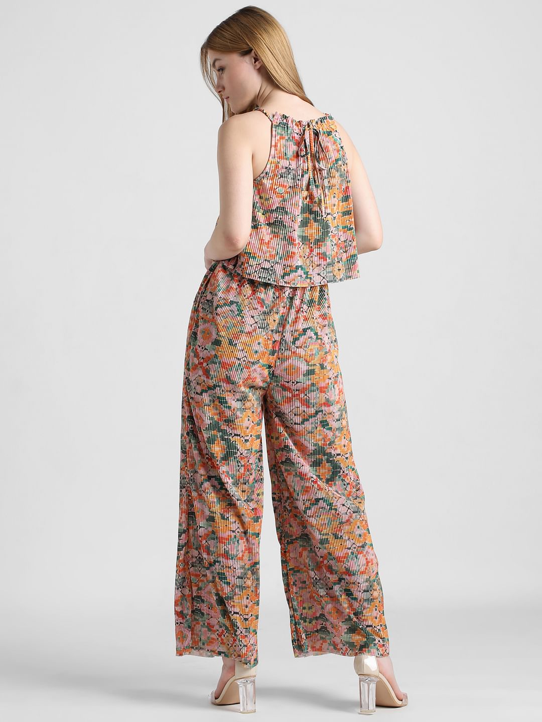 Orange Floral Pleated Jumpsuit
