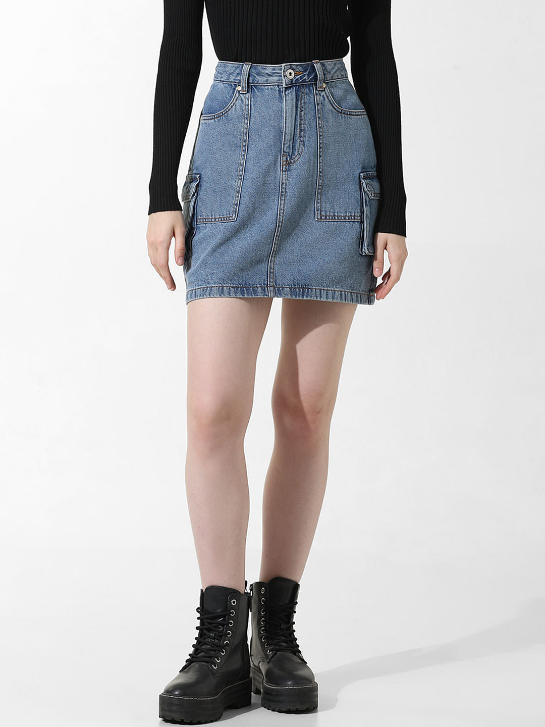 Blue High Rise Cargo Denim Skirt