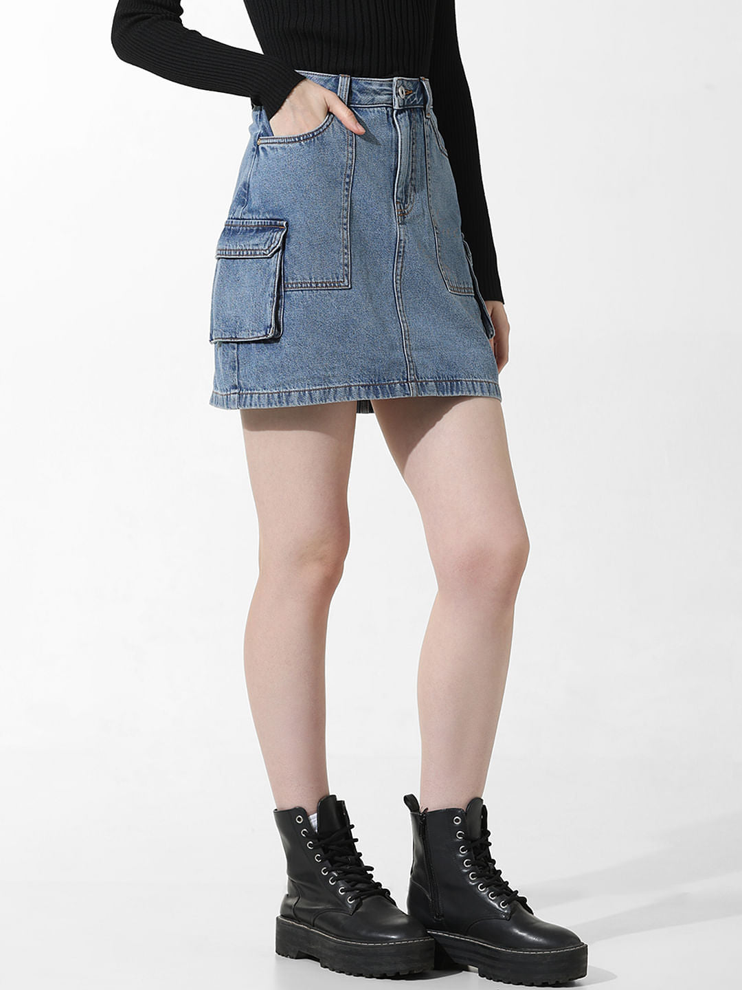 Blue High Rise Cargo Denim Skirt