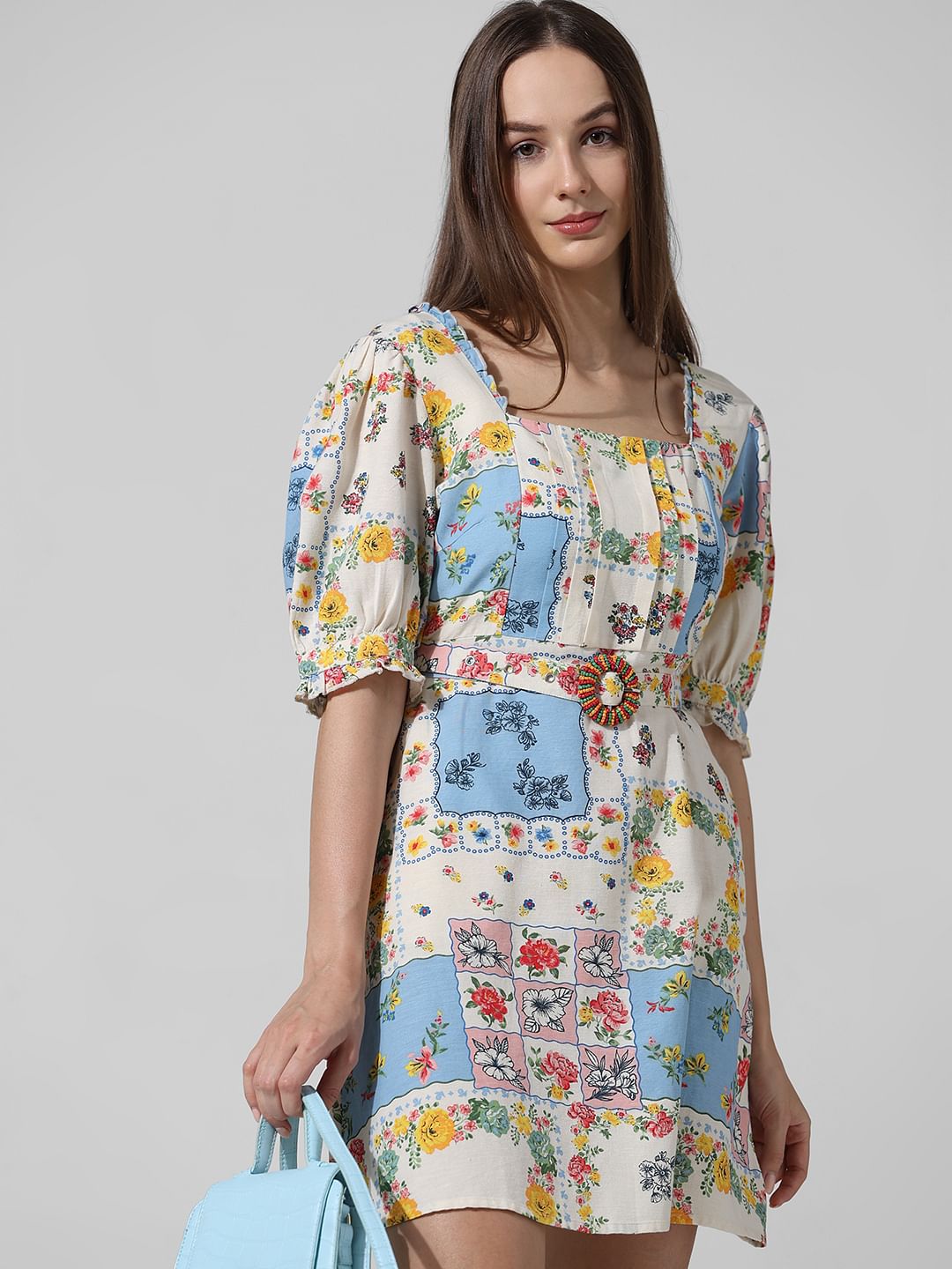 Multi-Colour Printed Puff Sleeves Dress