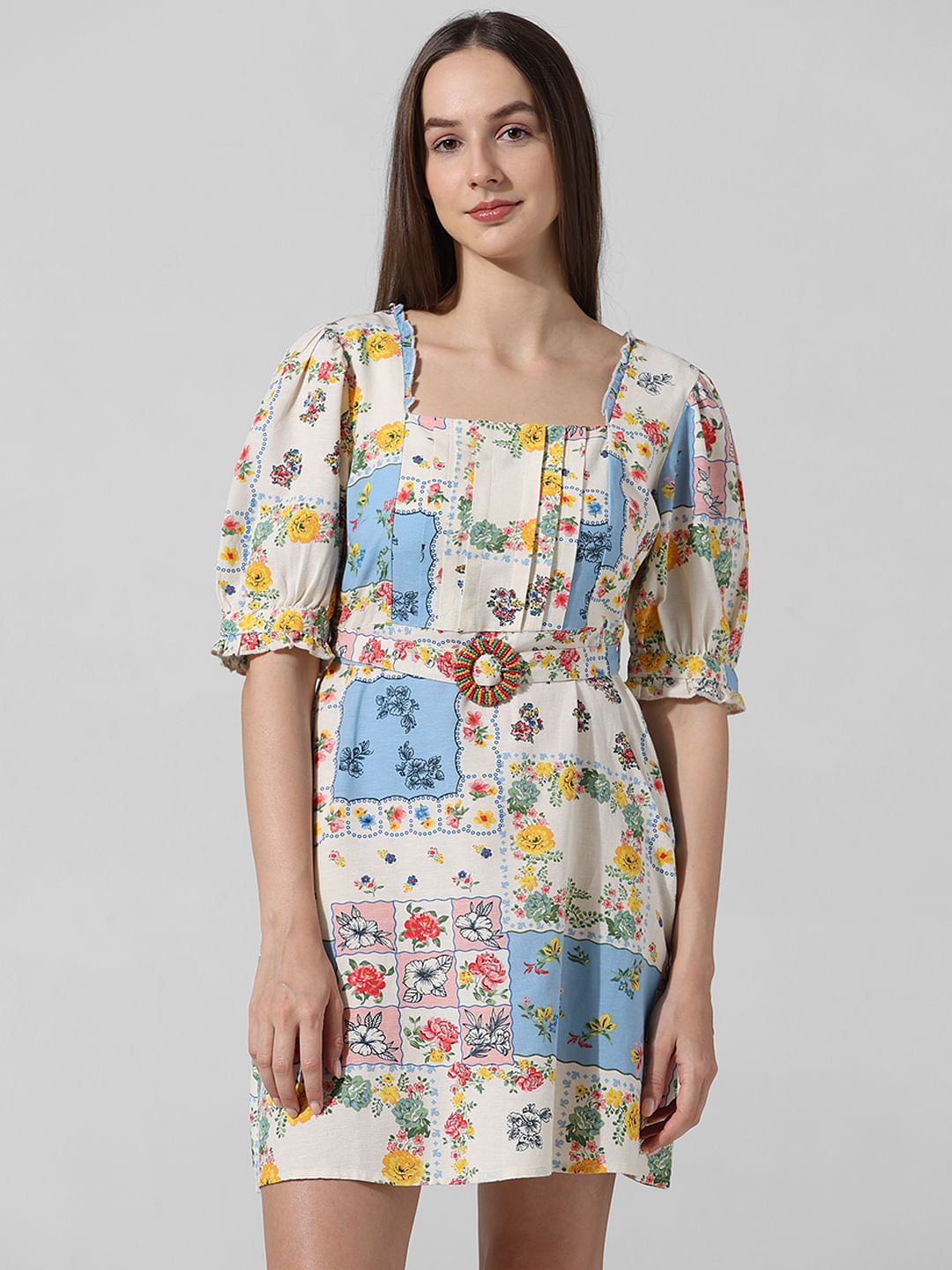 Multi-Colour Printed Puff Sleeves Dress