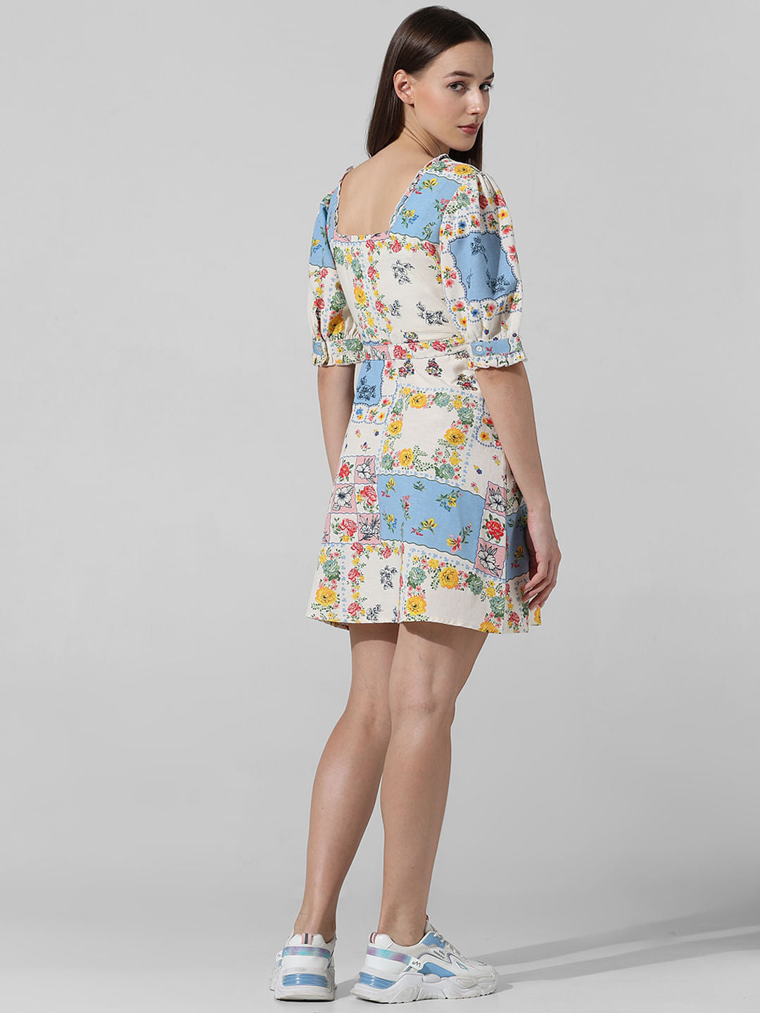 Multi-Colour Printed Puff Sleeves Dress