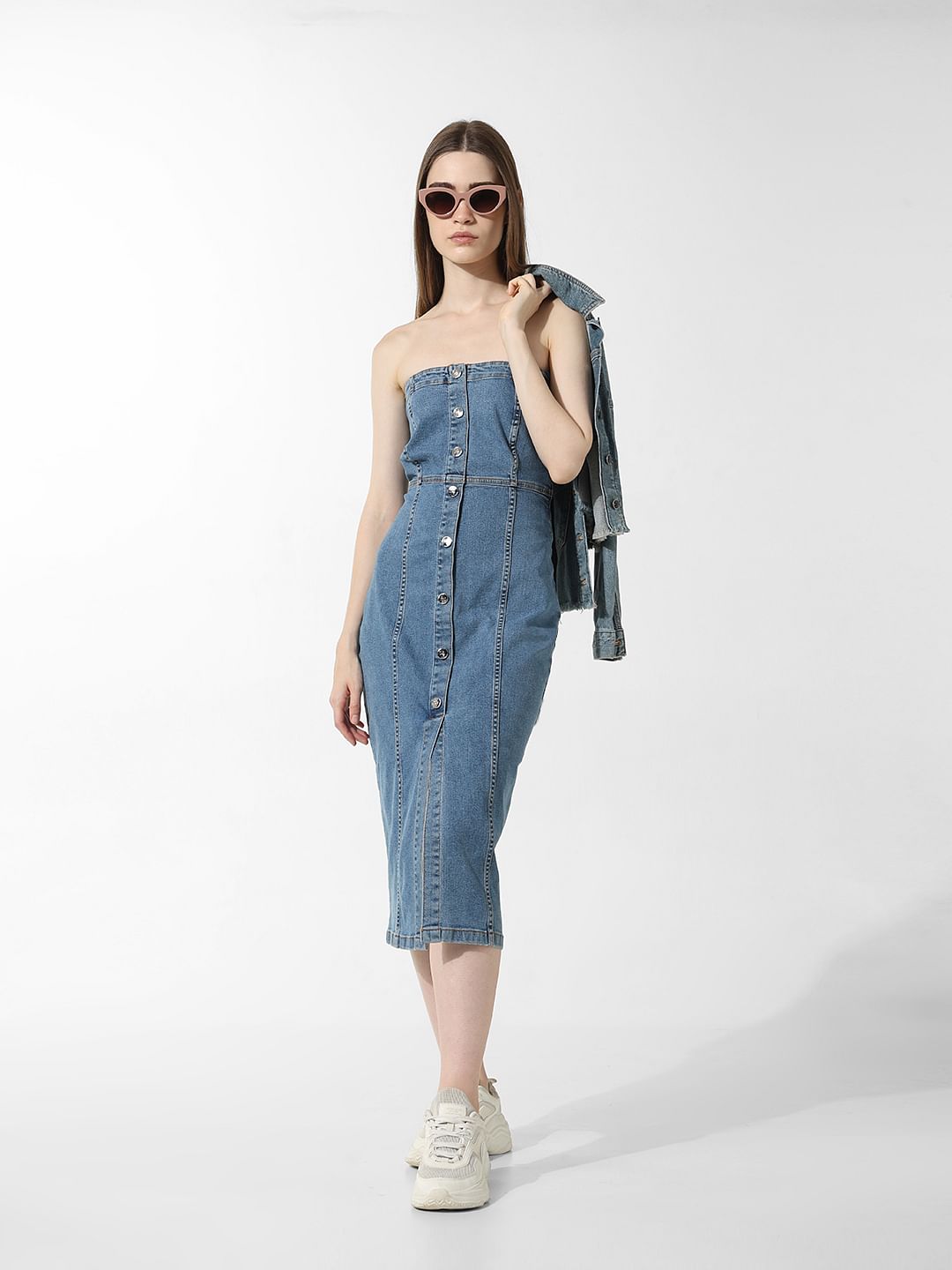 off shoulder jeans dress Blue Off-Shoulder Denim bridesmaid dresses backless Select Pants Size:36W This denim dress is Milla Women's Strapless Mini