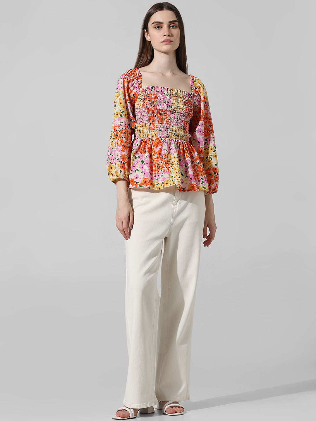 Orange Floral Smocked Top