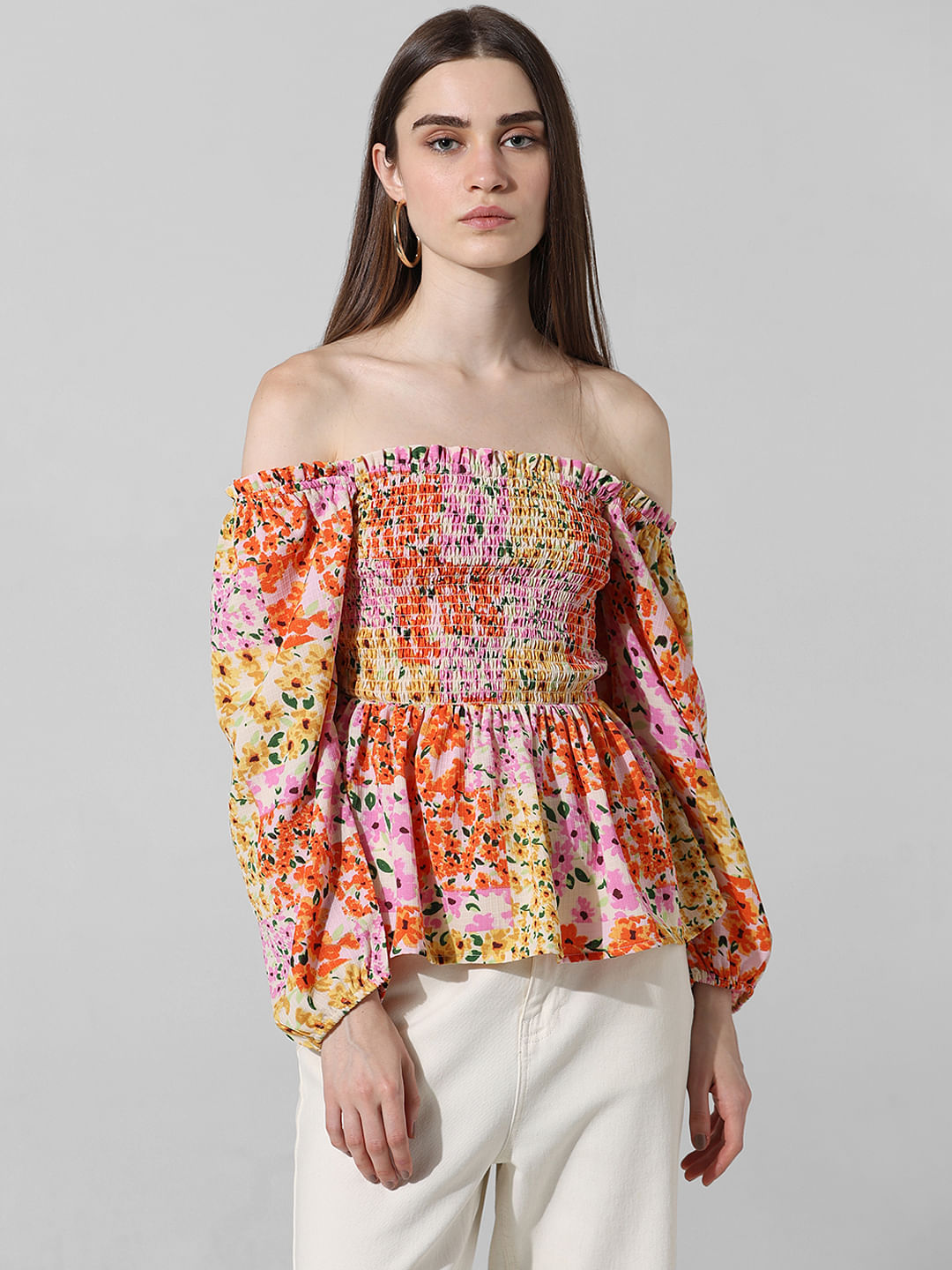 Orange Floral Smocked Top