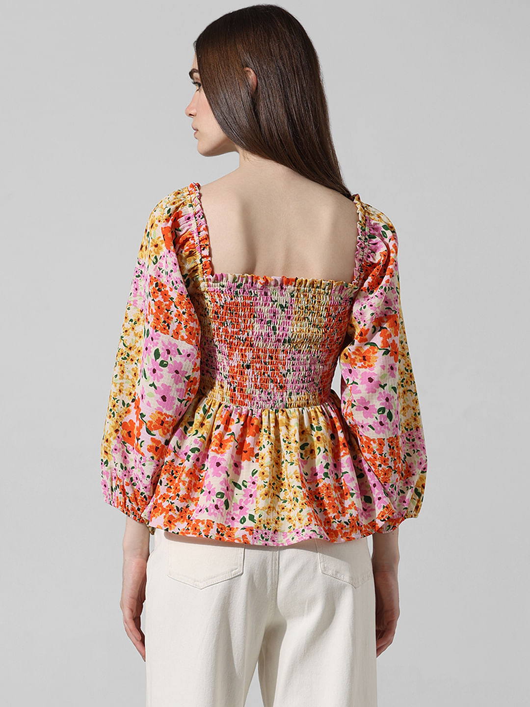 Orange Floral Smocked Top