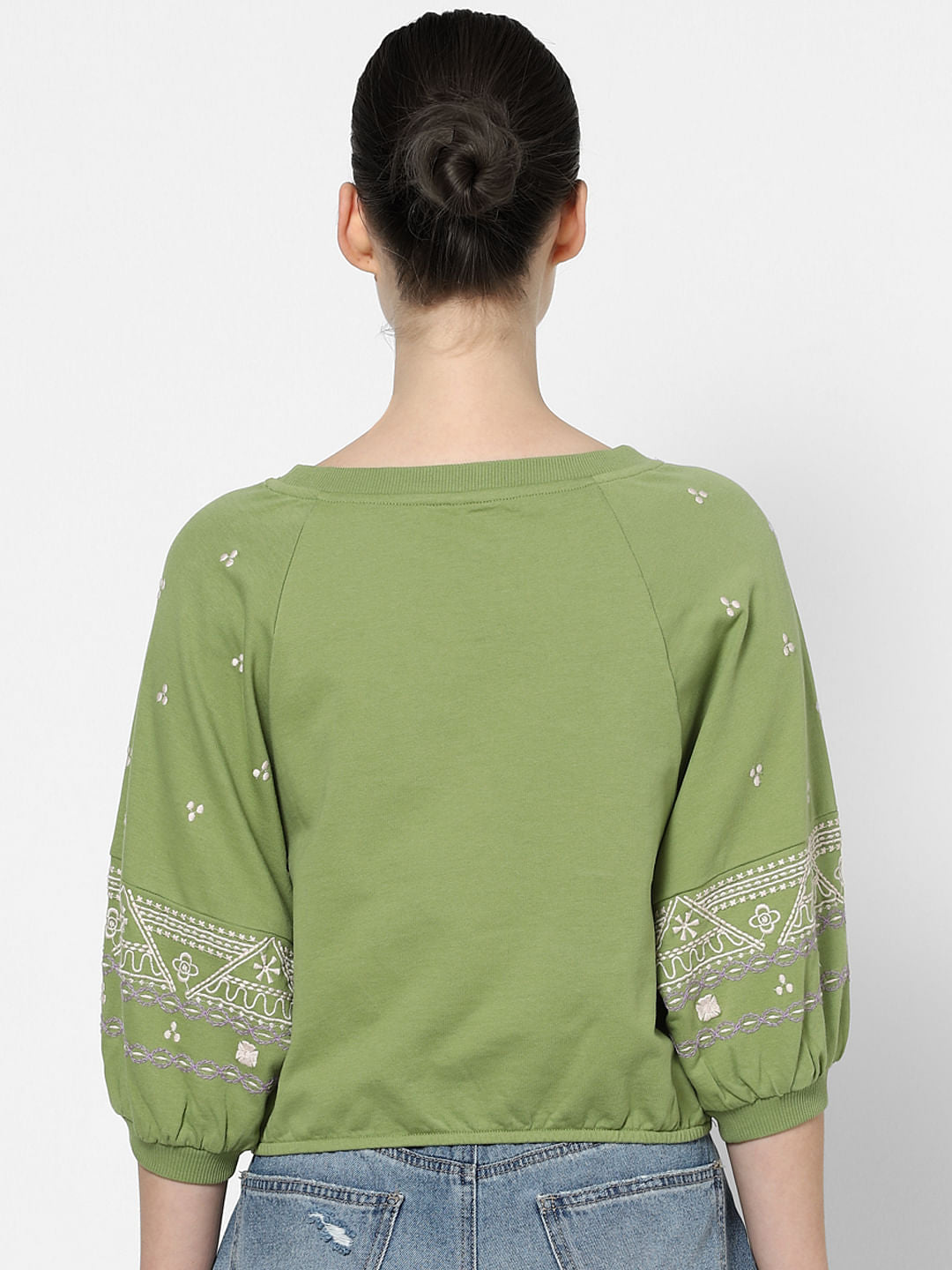 Green Cropped Embroidered Sleeves Sweatshirt