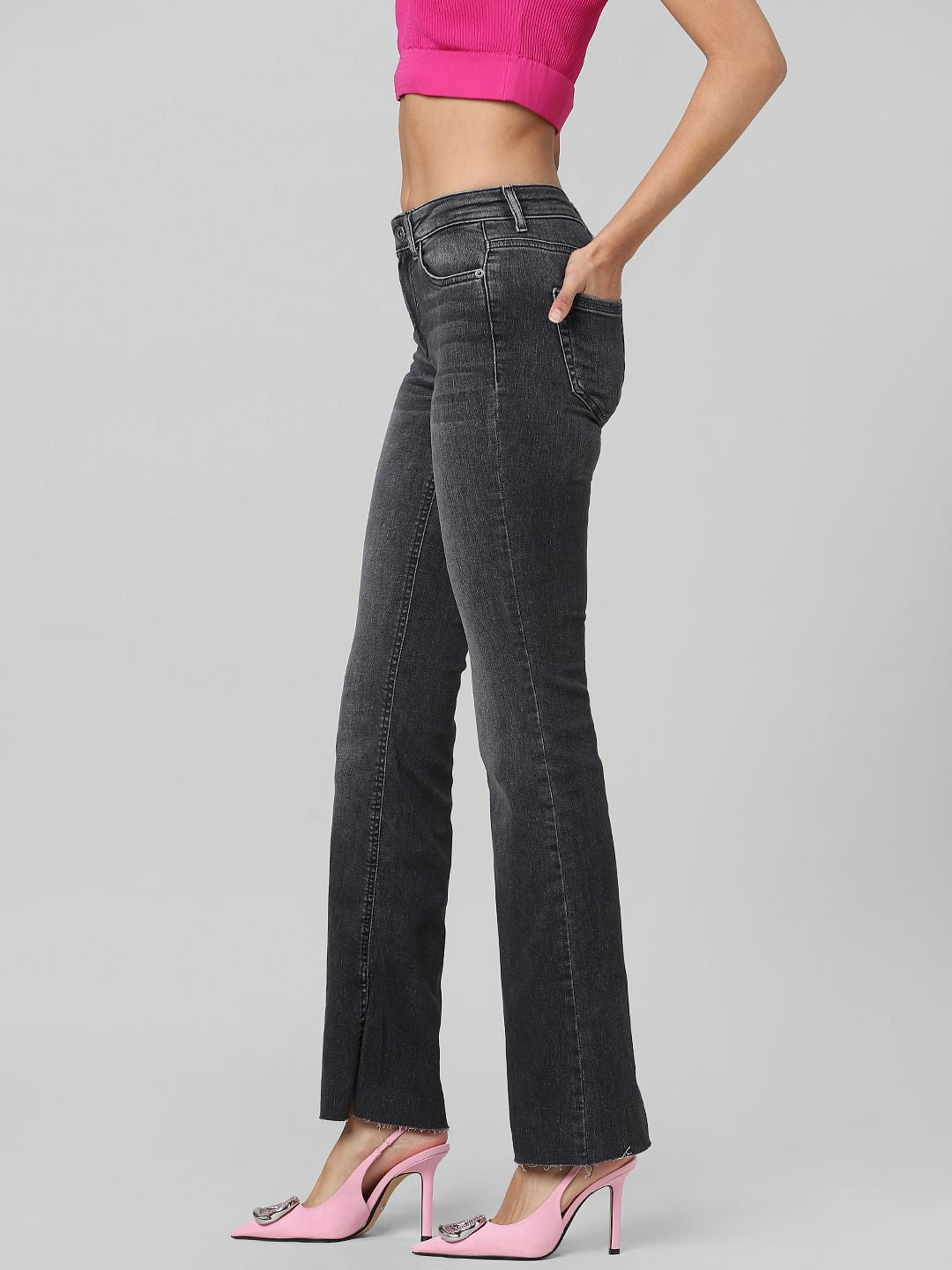 Black High Rise Raw Edge Flared Jeans