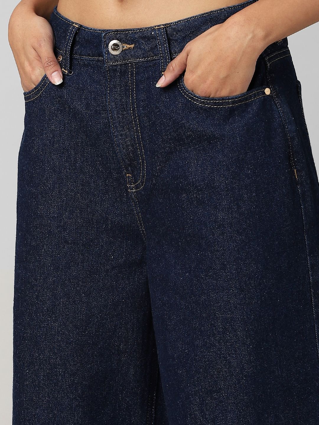 Dark Blue Mid Rise Wide Leg Jeans