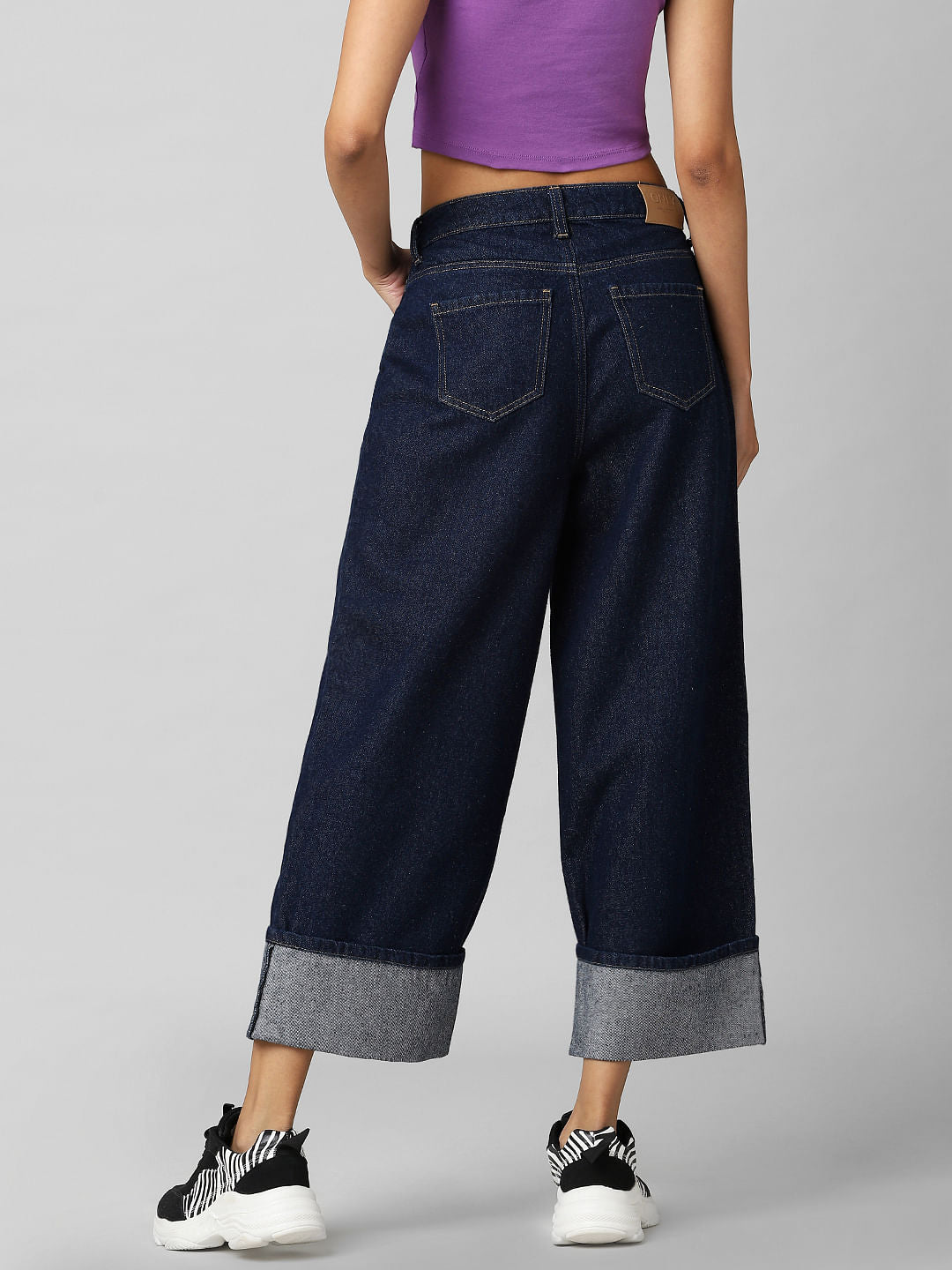 Dark Blue Mid Rise Wide Leg Jeans