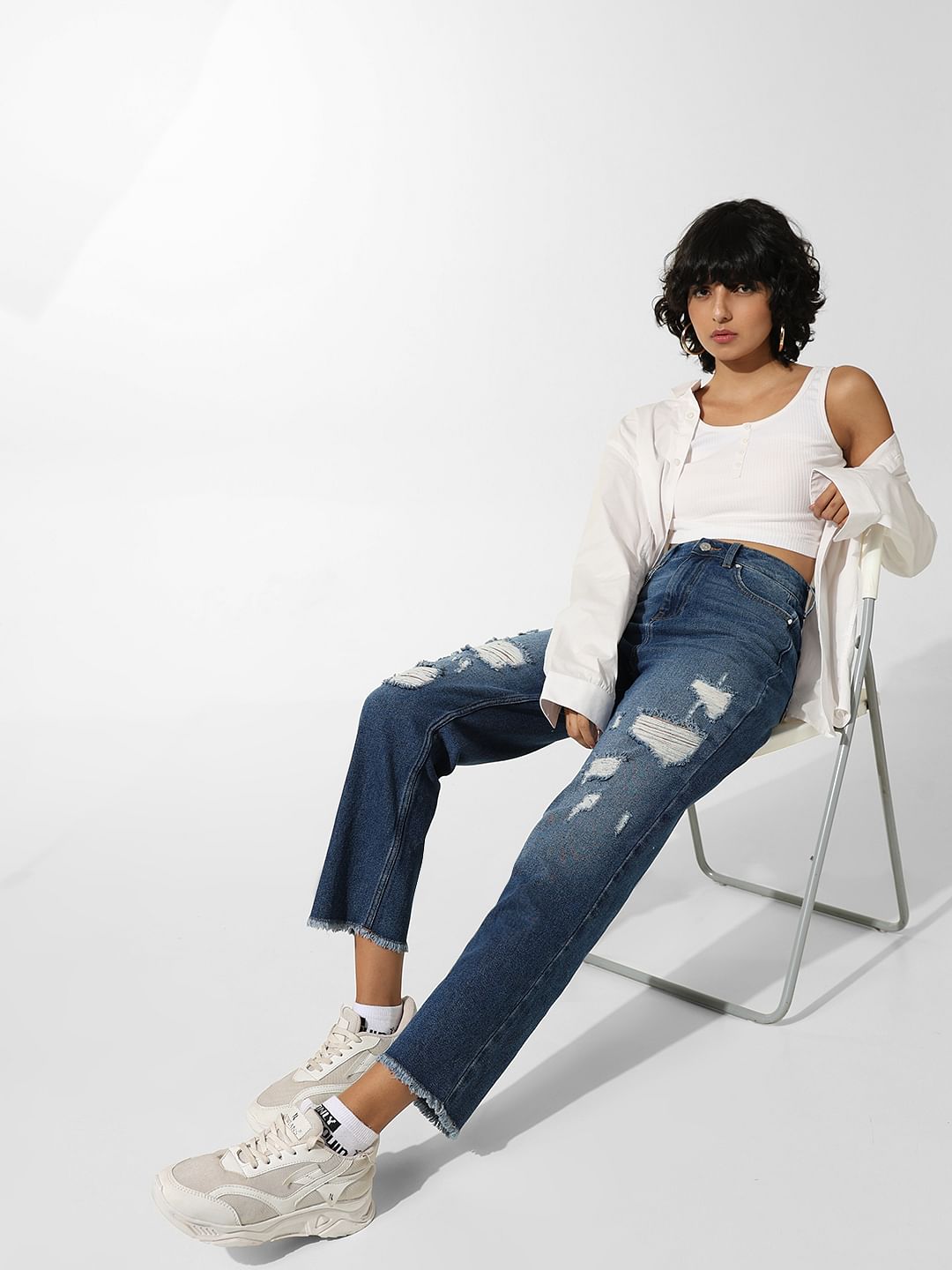 Blue High Rise Distressed Straight Jeans