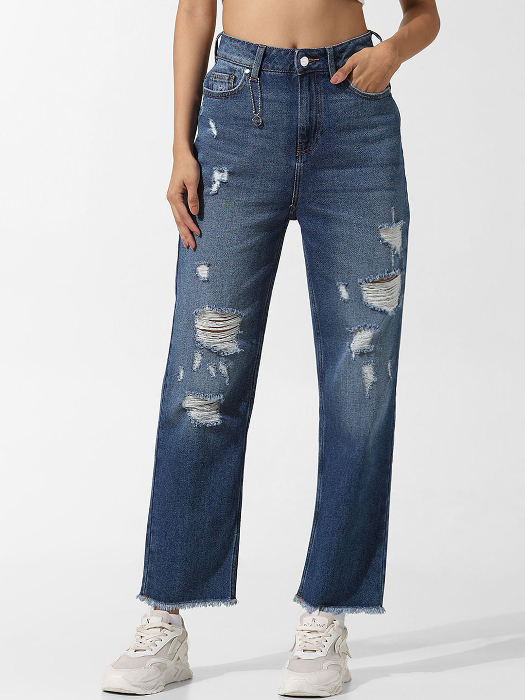 Blue High Rise Distressed Straight Jeans
