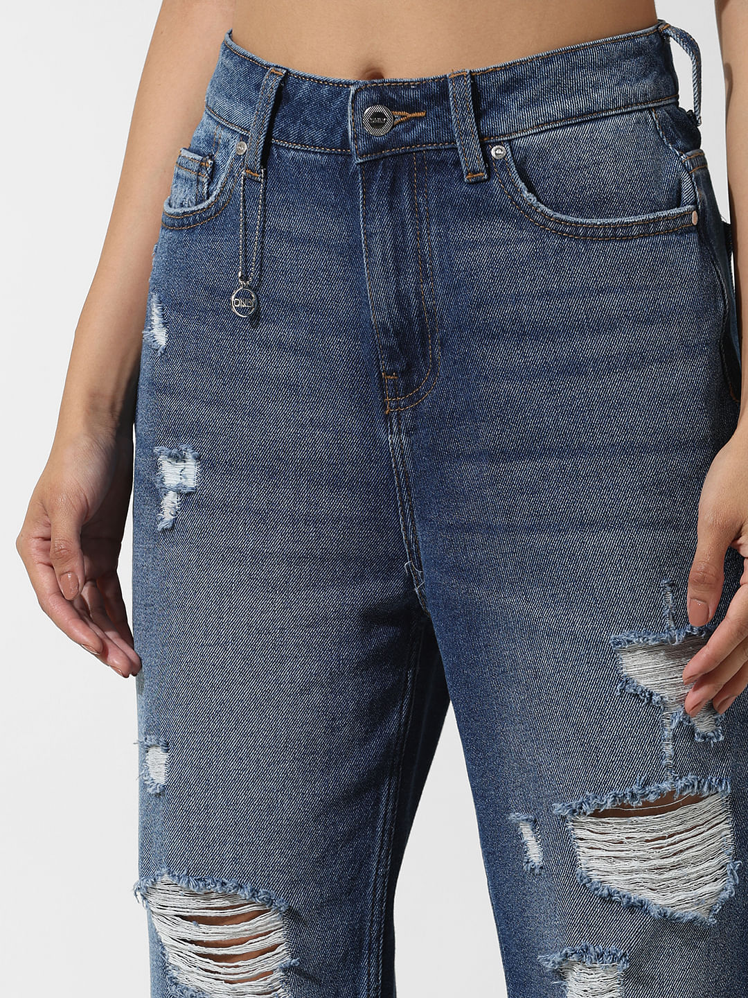 Blue High Rise Distressed Straight Jeans
