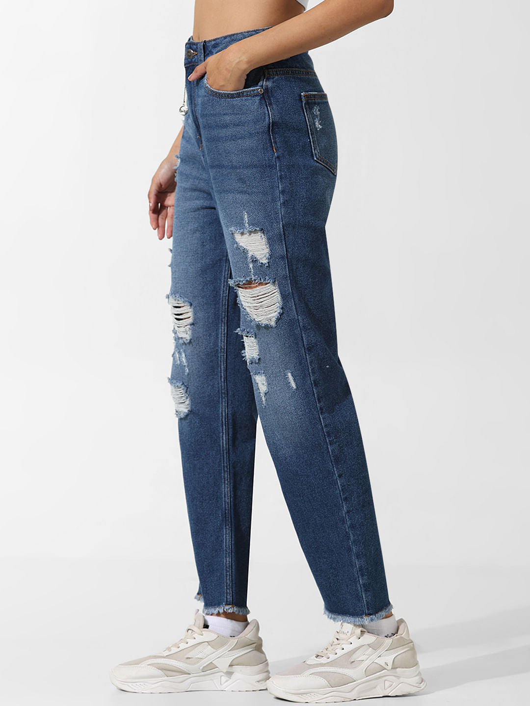 Blue High Rise Distressed Straight Jeans