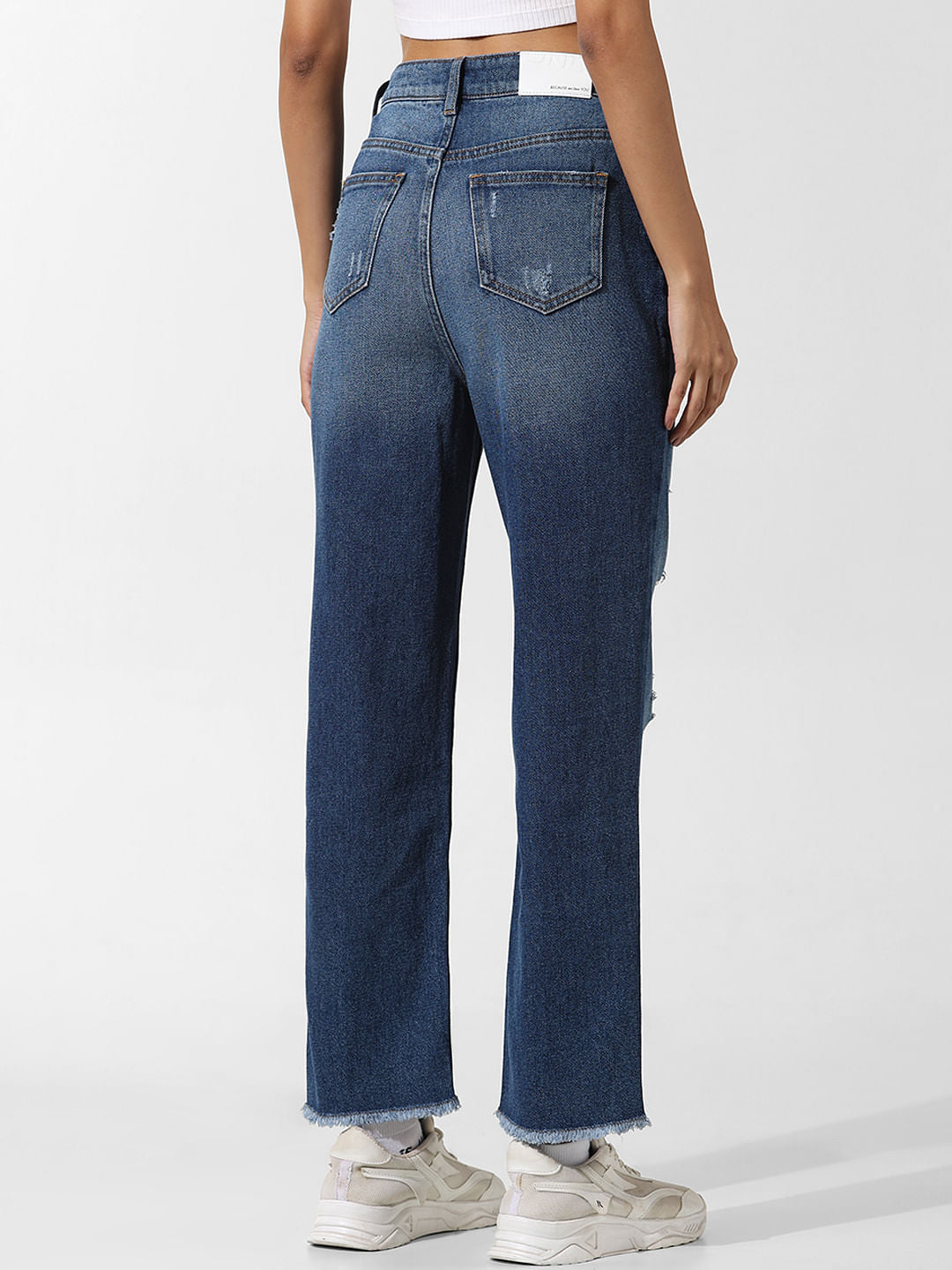 Blue High Rise Distressed Straight Jeans