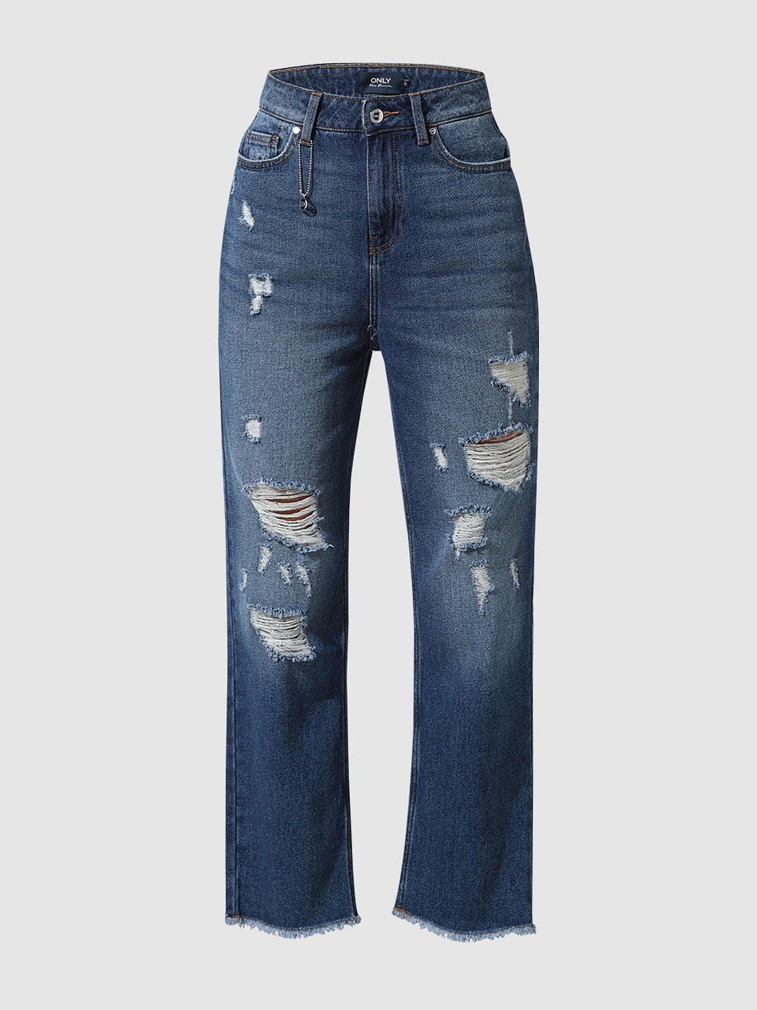 Blue High Rise Distressed Straight Jeans