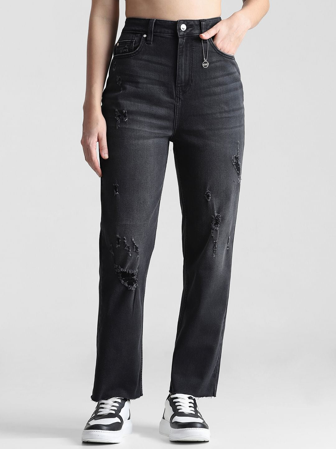 Black Emily Distressed Straight Fit Jeans
