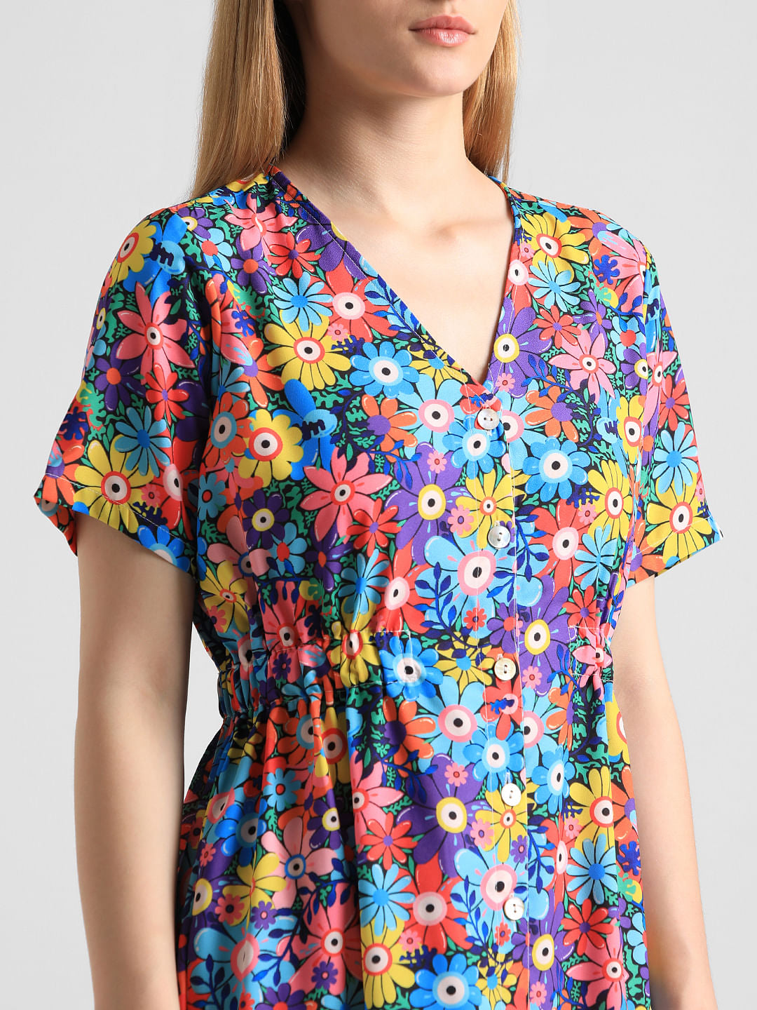 Blue Floral Print Midi Dress