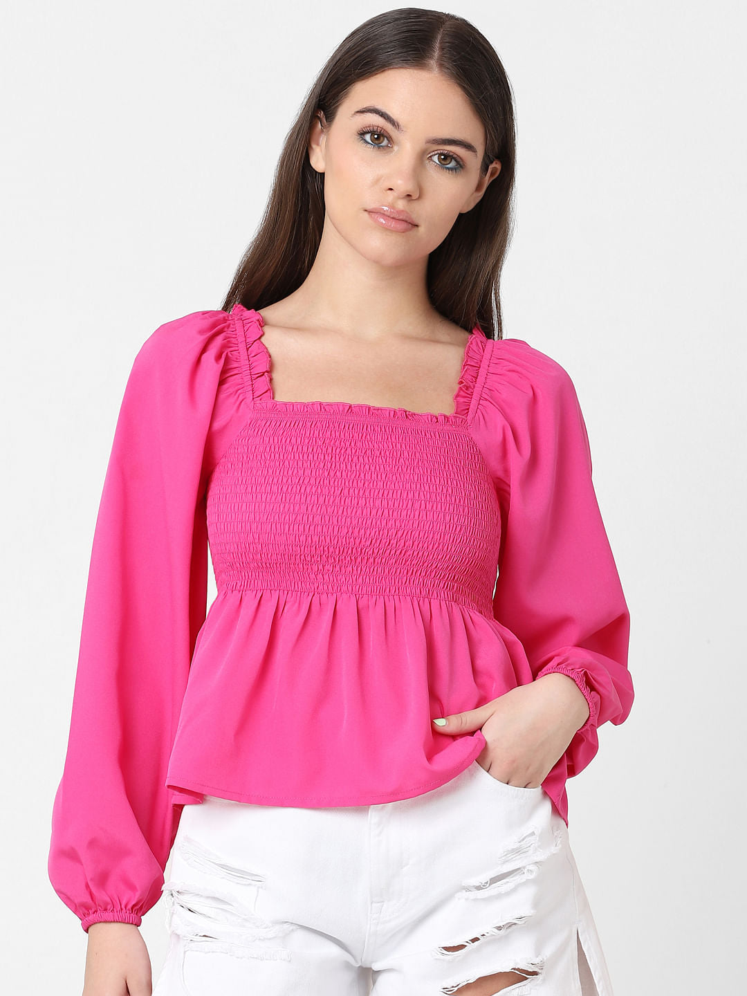 Pink Fitted Smocked Top