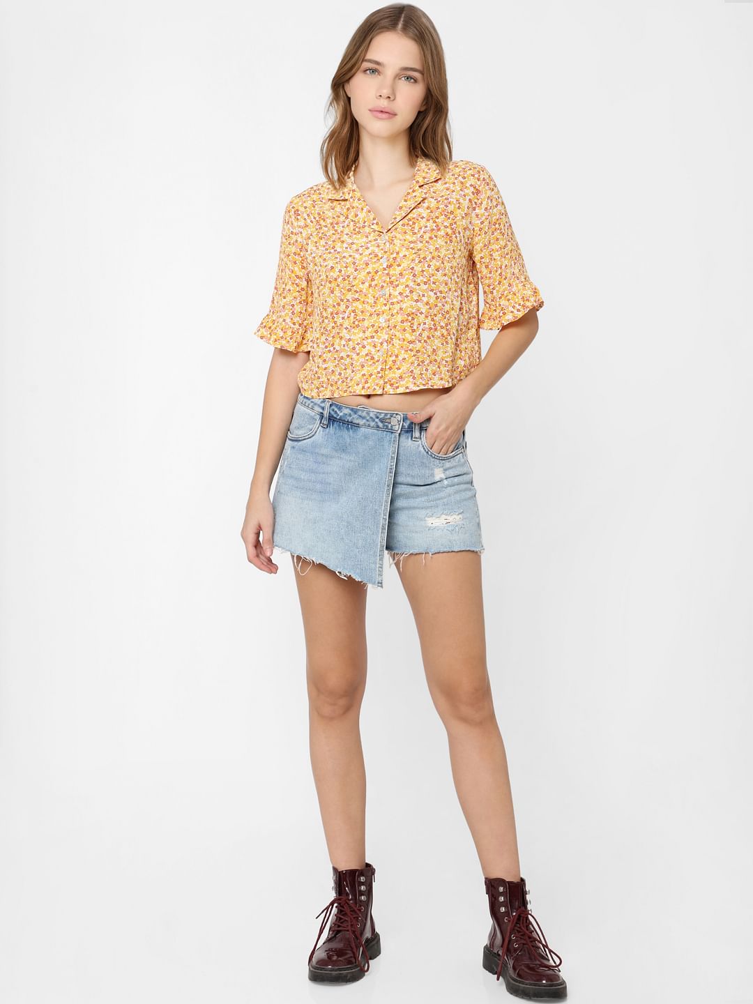 Yellow Floral Cropped Shirt