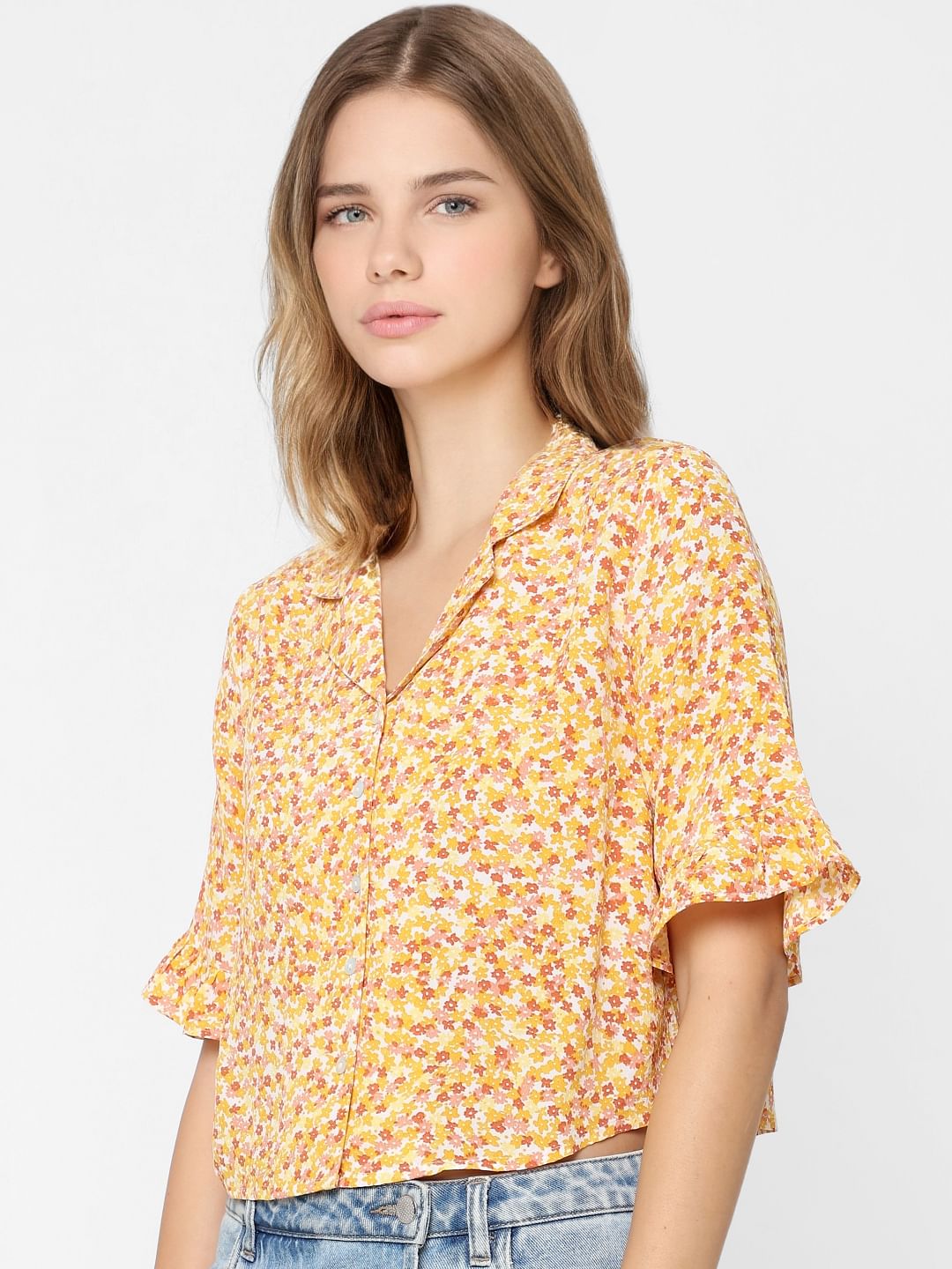 Yellow Floral Cropped Shirt