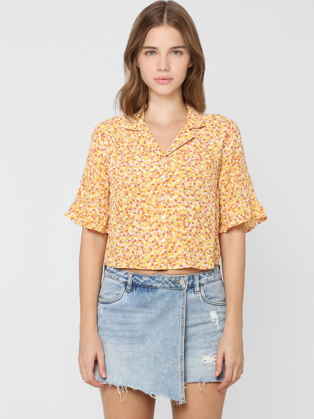 Yellow Floral Cropped Shirt