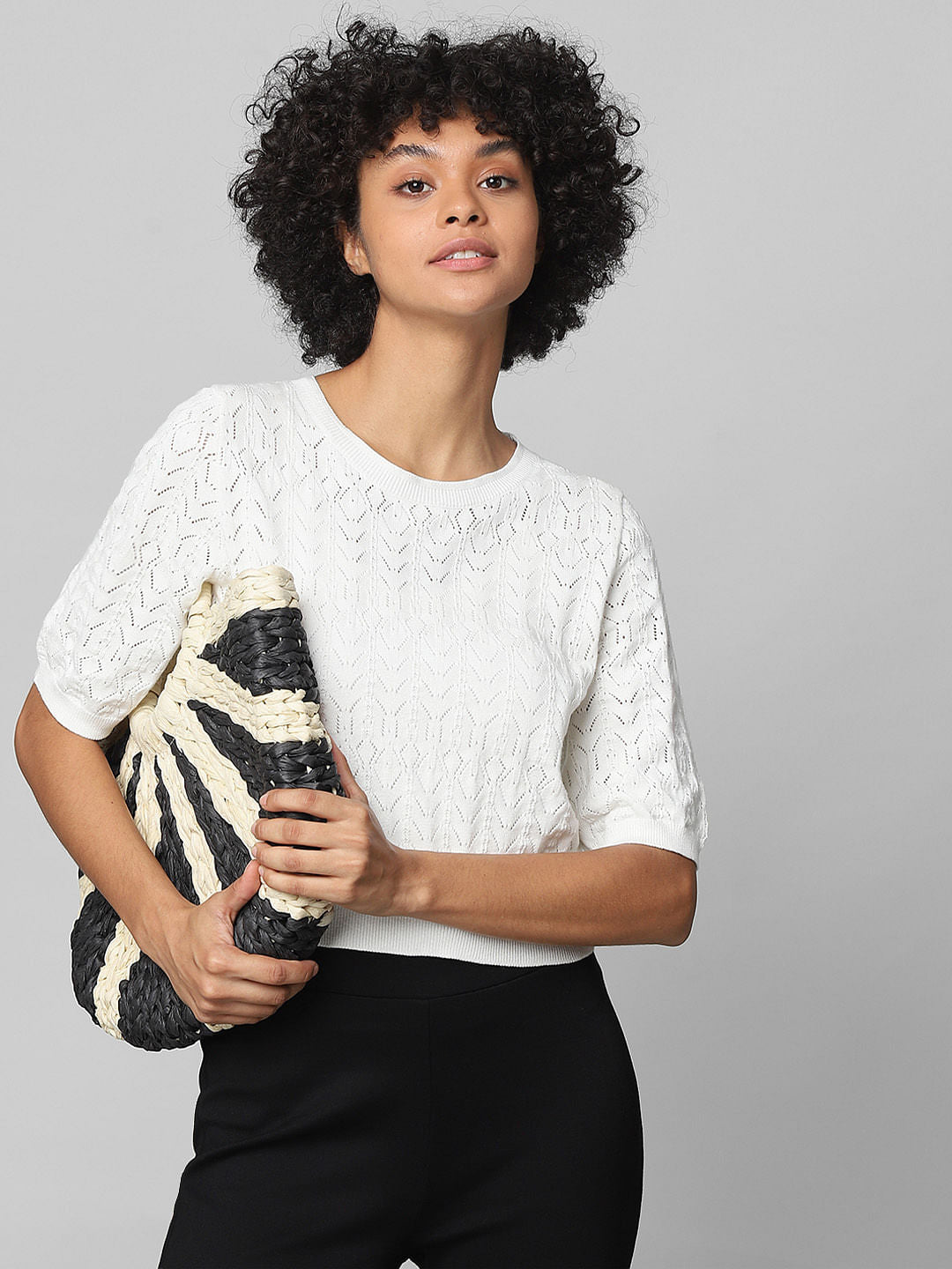 White Knit Cut-Work Top