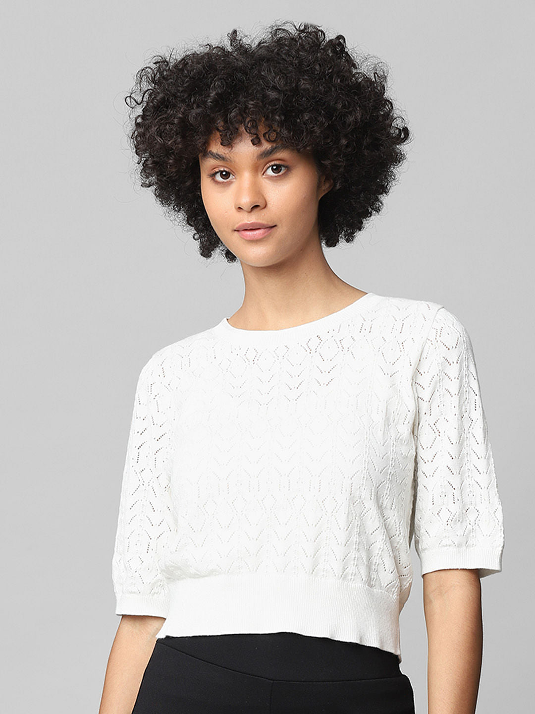 White Knit Cut-Work Top