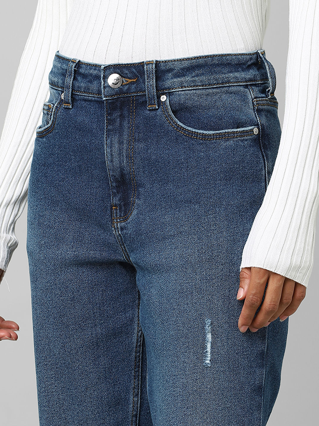 Blue High Rise Distressed Straight Jeans