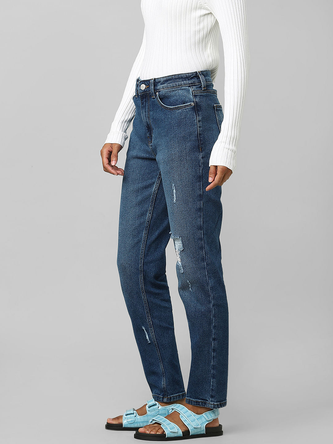 Blue High Rise Distressed Straight Jeans