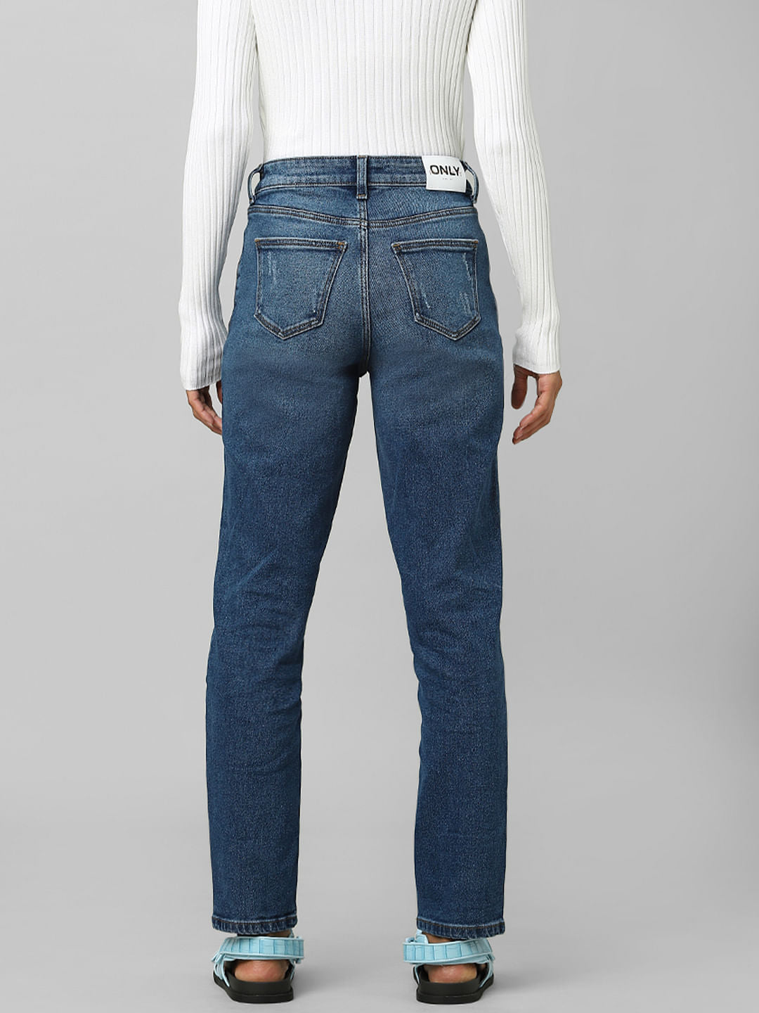 Blue High Rise Distressed Straight Jeans