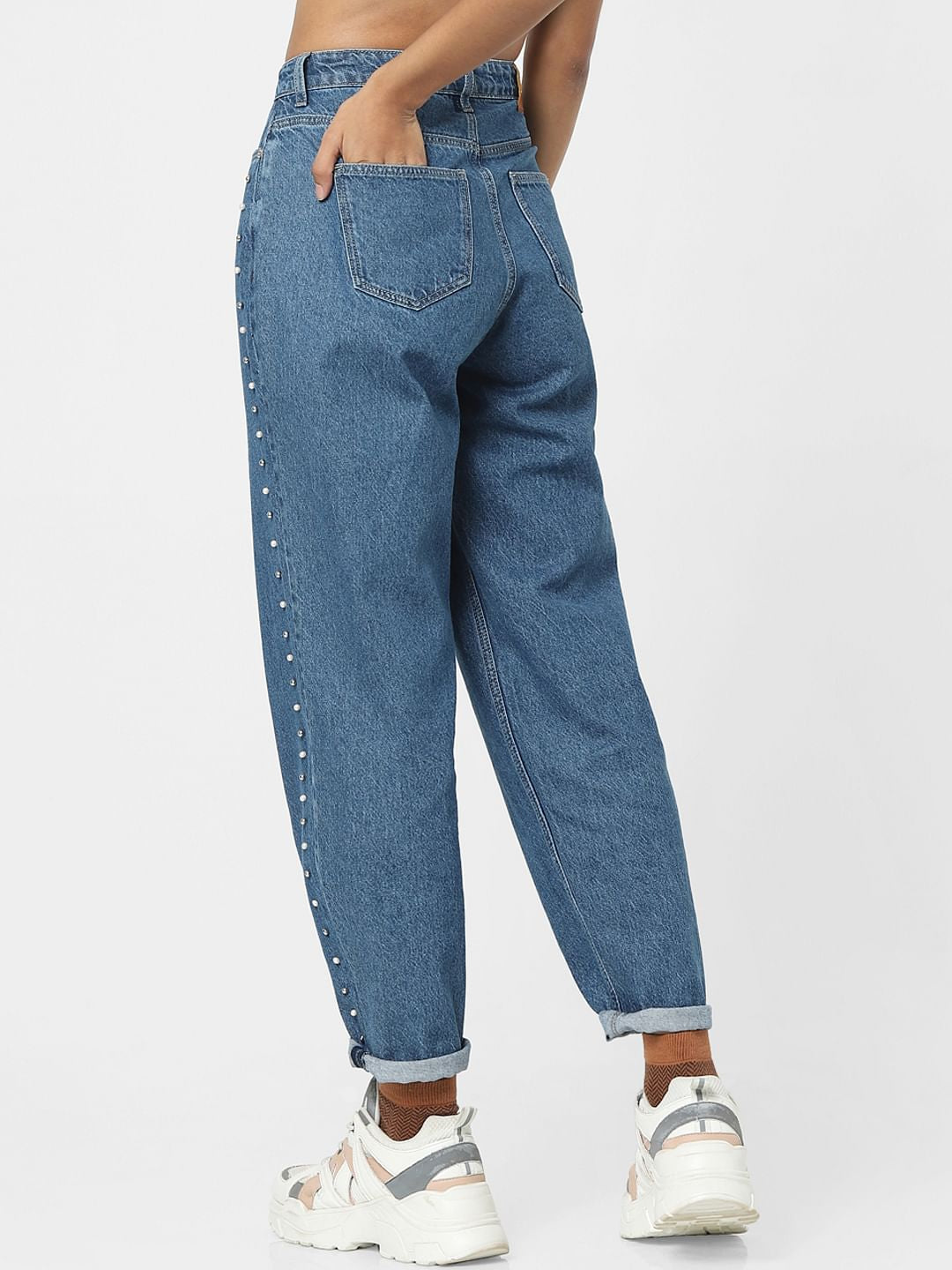 Blue High Rise Embellished Carrot Fit Jeans